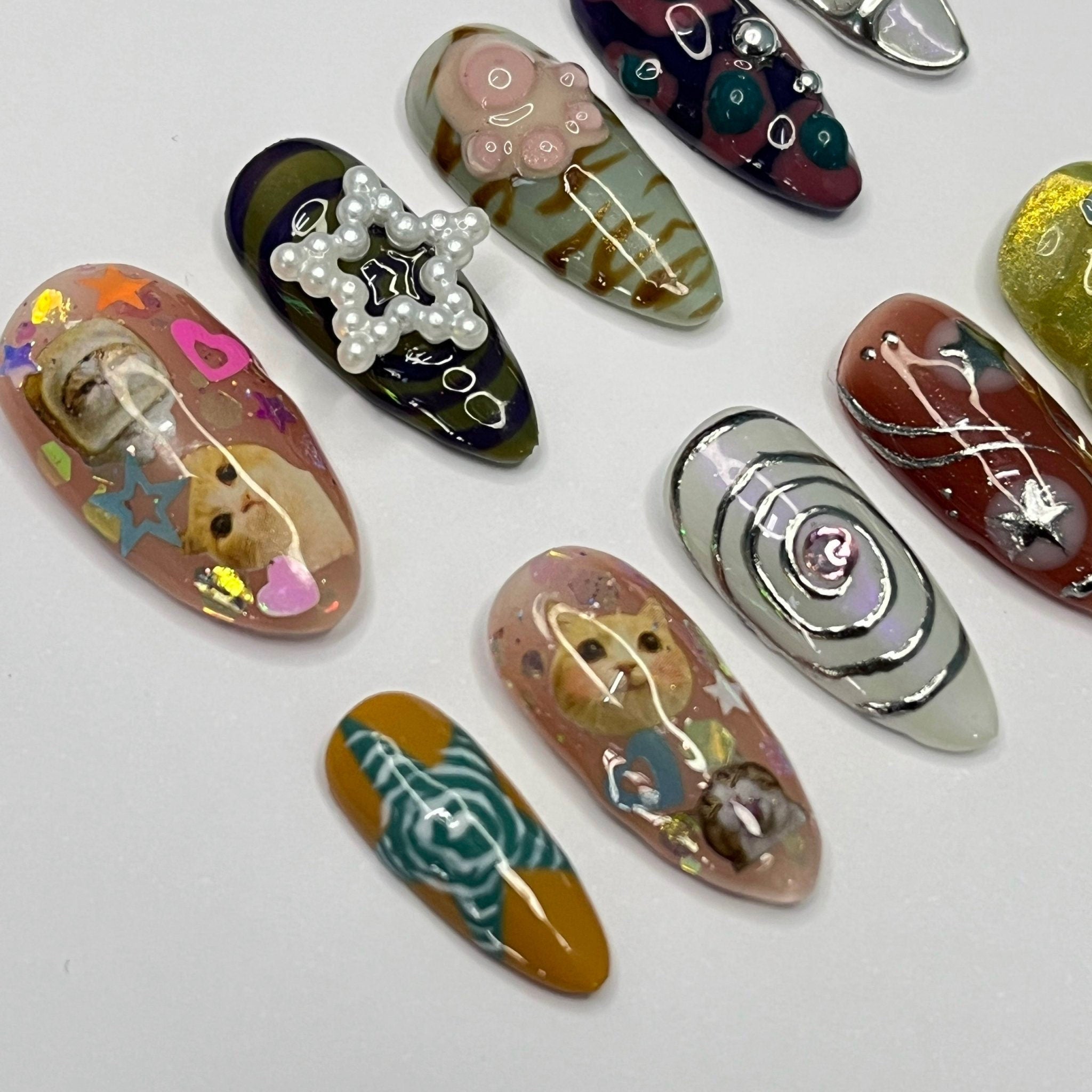 Cat Lover Chrome Almond Press On Nail - Luxurious Metallic Silver Nail Art, 3D Handpainted Gel Nails Design