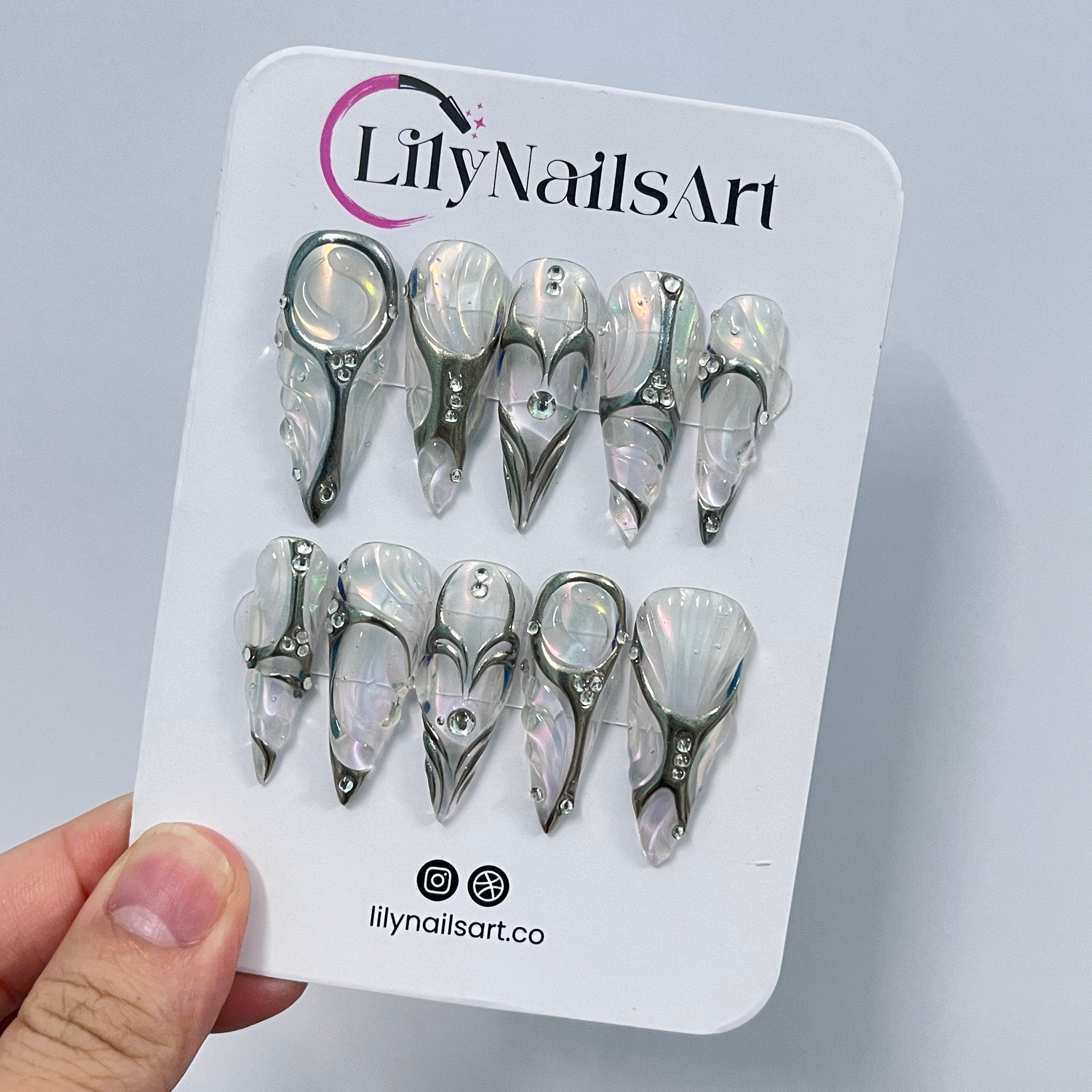 Elegant With Silver Chrome Nail & Pearl Long Stiletto Press On Nails, Handpainted Luxury Nail, Fake/False Nail, Y2K Nail Art