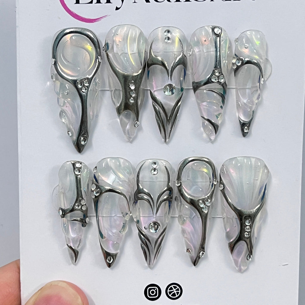 Elegant With Silver Chrome Nail & Pearl Long Stiletto Press On Nails, Handpainted Luxury Nail, Fake/False Nail, Y2K Nail Art