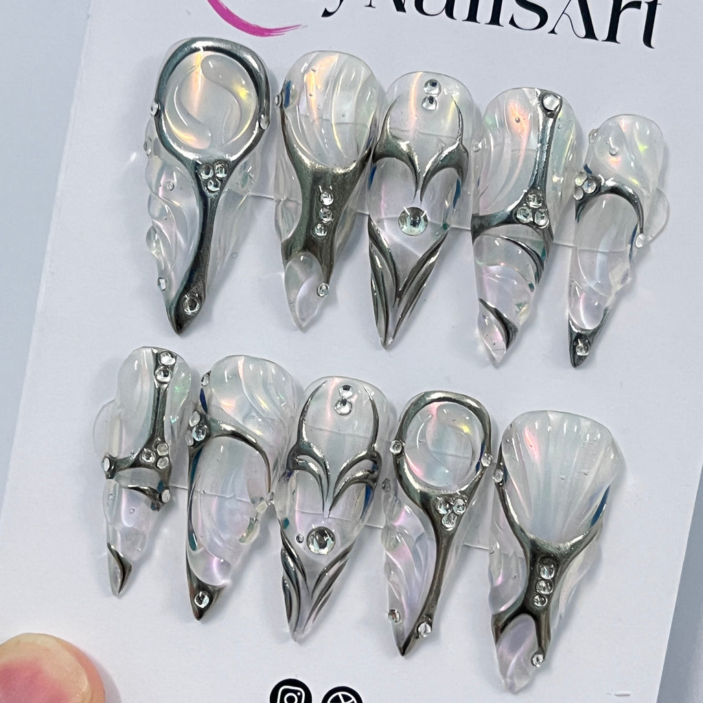 Elegant With Silver Chrome Nail & Pearl Long Stiletto Press On Nails, Handpainted Luxury Nail, Fake/False Nail, Y2K Nail Art