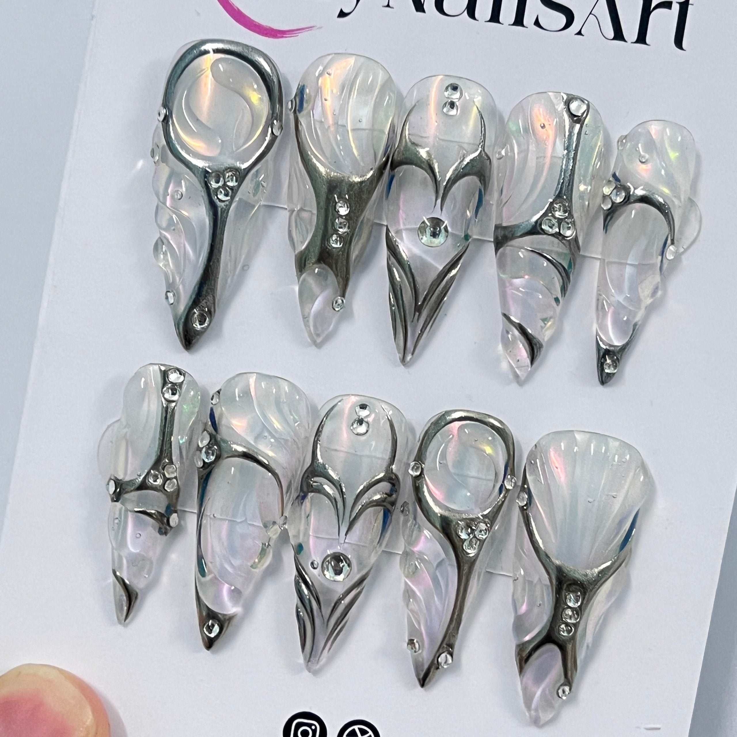 Elegant With Silver Chrome Nail & Pearl Long Stiletto Press On Nails, Handpainted Luxury Nail, Fake/False Nail, Y2K Nail Art