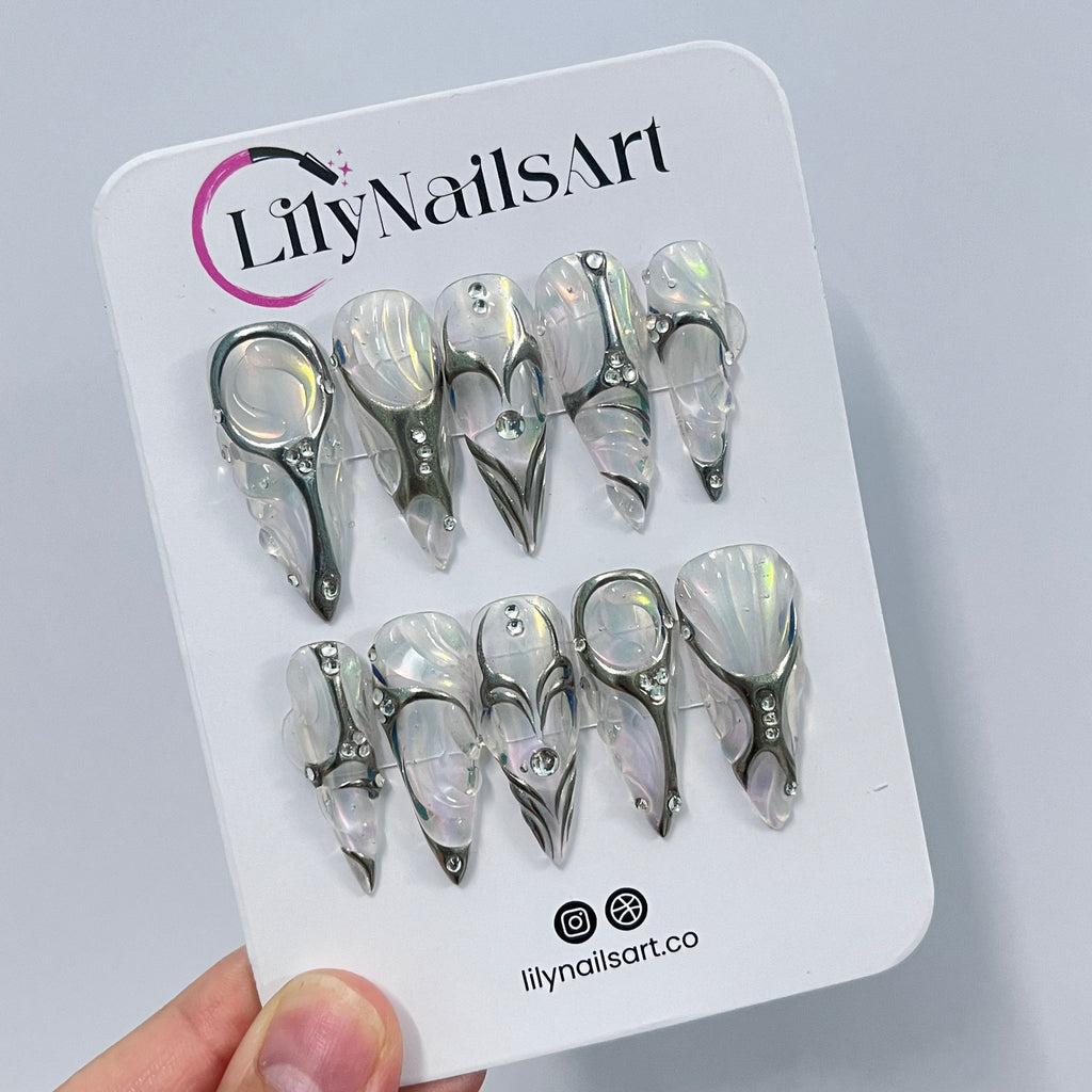 Elegant With Silver Chrome Nail & Pearl Long Stiletto Press On Nails, Handpainted Luxury Nail, Fake/False Nail, Y2K Nail Art