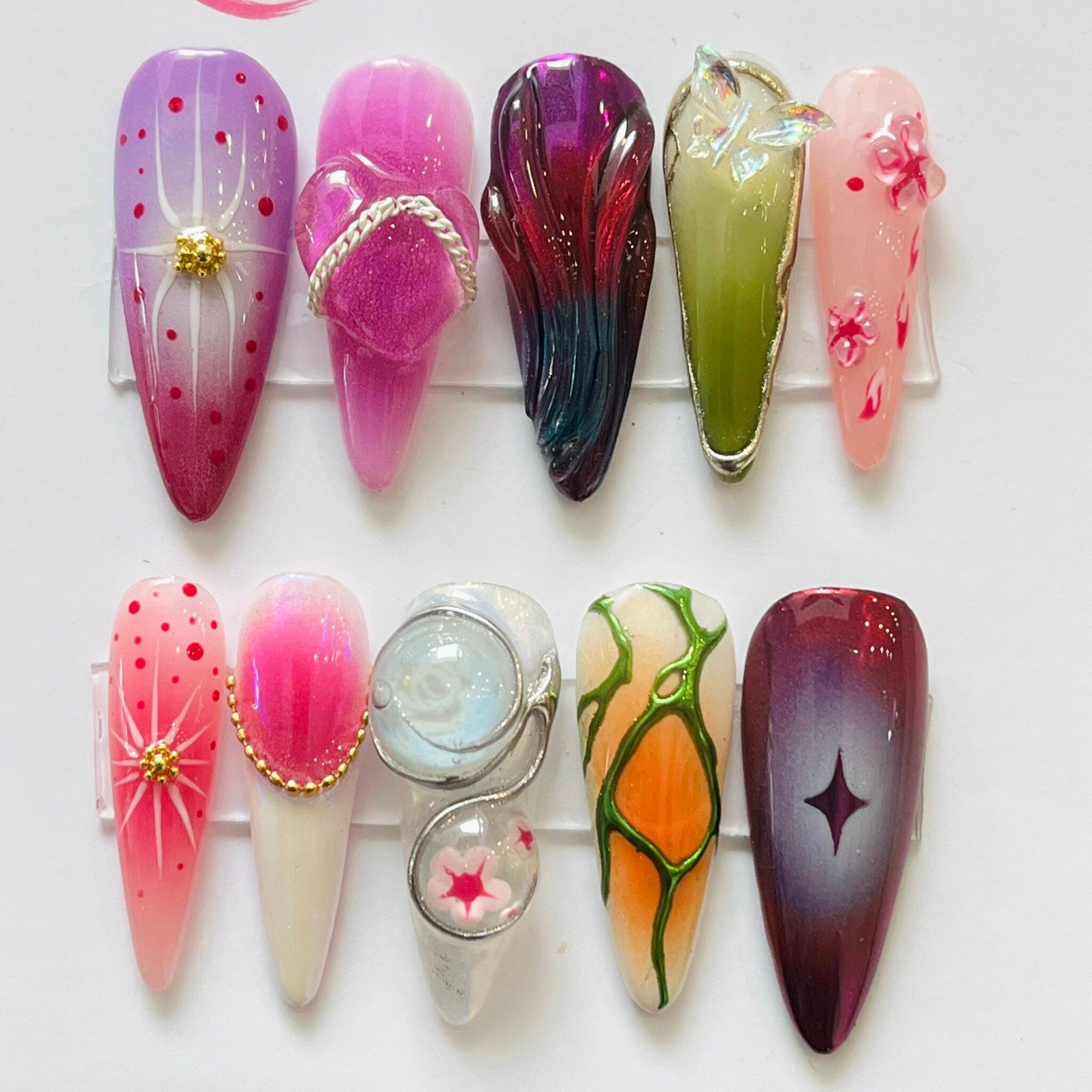 Fairy Tale Flower Long Almond Press On Nails, 3D Fairycore Nails, Dreamy Nails, 3D Gel Nail, False/Fake Nail For Event/Gift/Wedding/Birthday