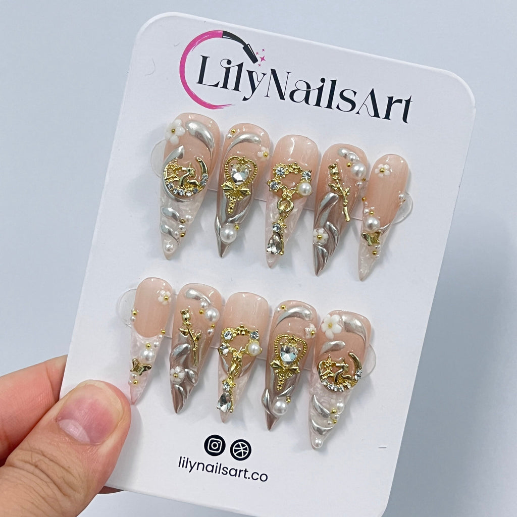 Elegant Pearl French Tip Long Stiletto Press On Nails, Handpainted Fake/False Nail, Christmas Nail Art, Royal Nail Tips