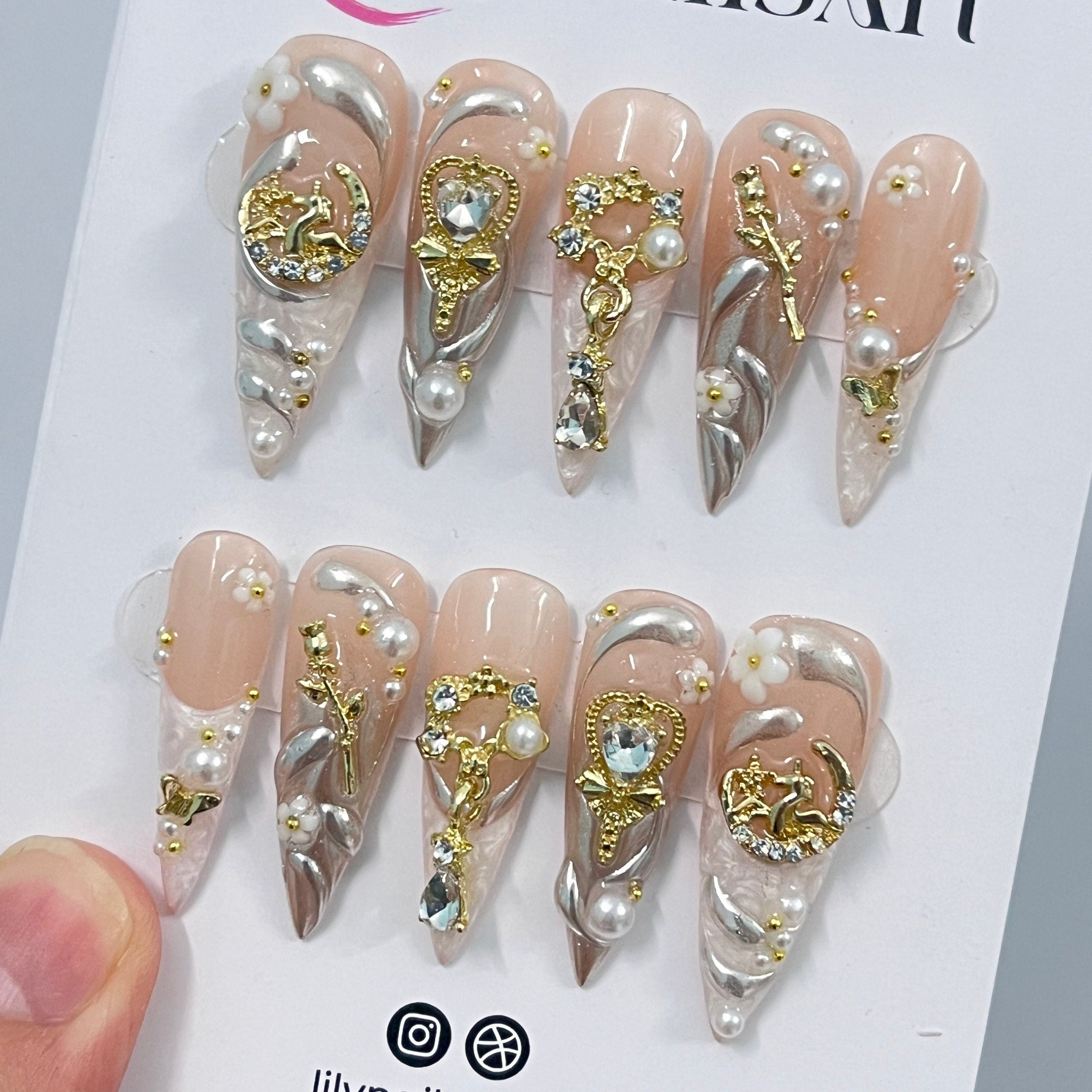Elegant Pearl French Tip Long Stiletto Press On Nails, Handpainted Fake/False Nail, Christmas Nail Art, Royal Nail Tips
