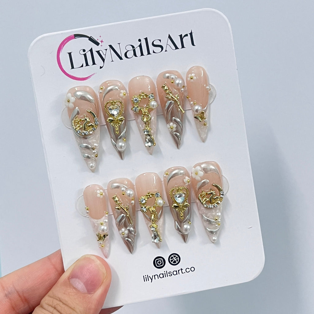 Elegant Pearl French Tip Long Stiletto Press On Nails, Handpainted Fake/False Nail, Christmas Nail Art, Royal Nail Tips