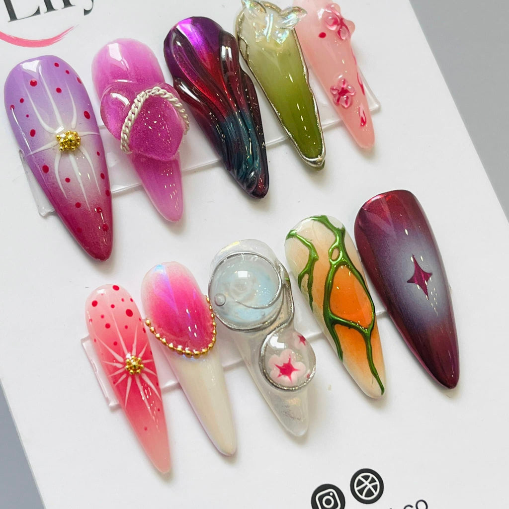 Fairy Tale Flower Long Almond Press On Nails, 3D Fairycore Nails, Dreamy Nails, 3D Gel Nail, False/Fake Nail For Event/Gift/Wedding/Birthday