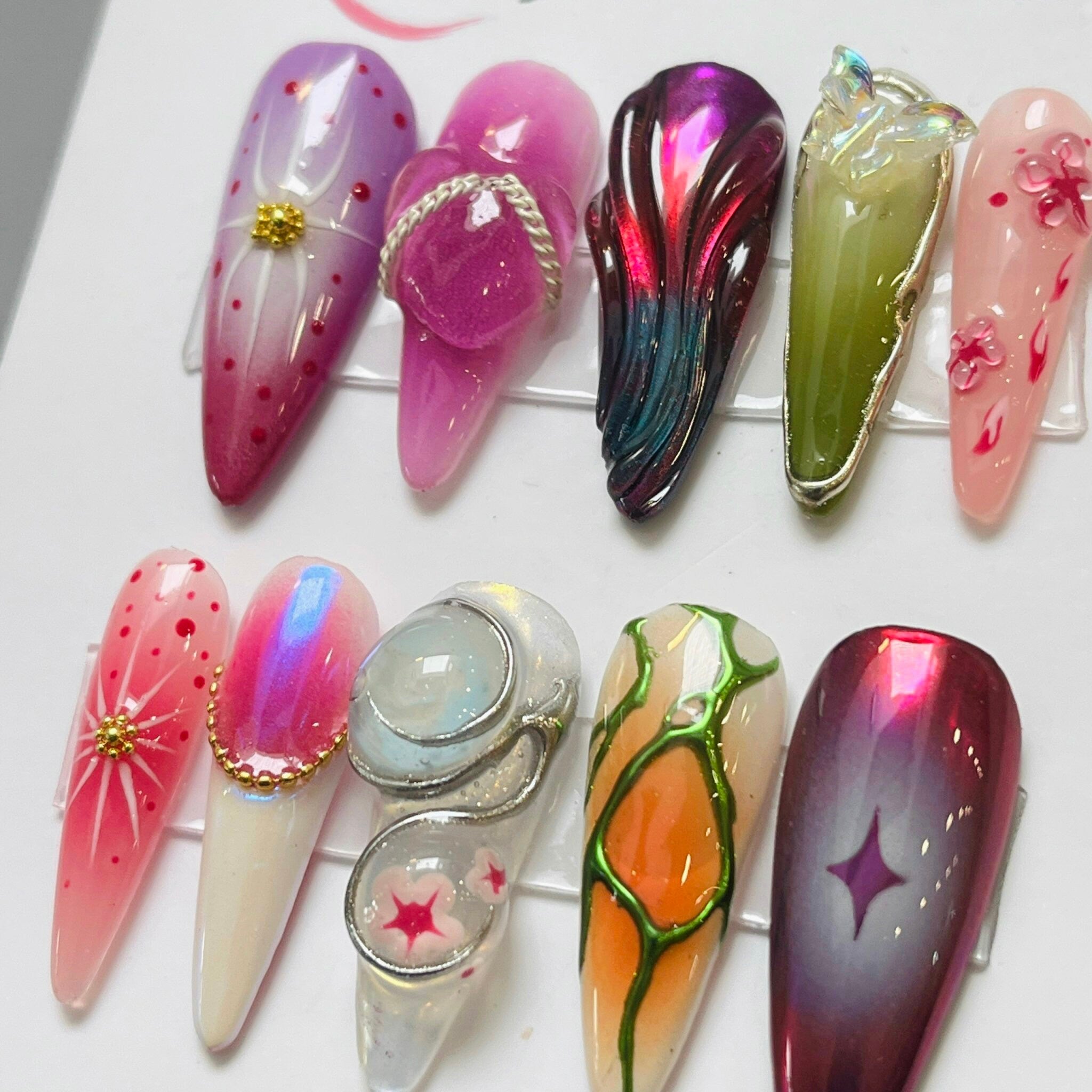 Fairy Tale Flower Long Almond Press On Nails, 3D Fairycore Nails, Dreamy Nails, 3D Gel Nail, False/Fake Nail For Event/Gift/Wedding/Birthday