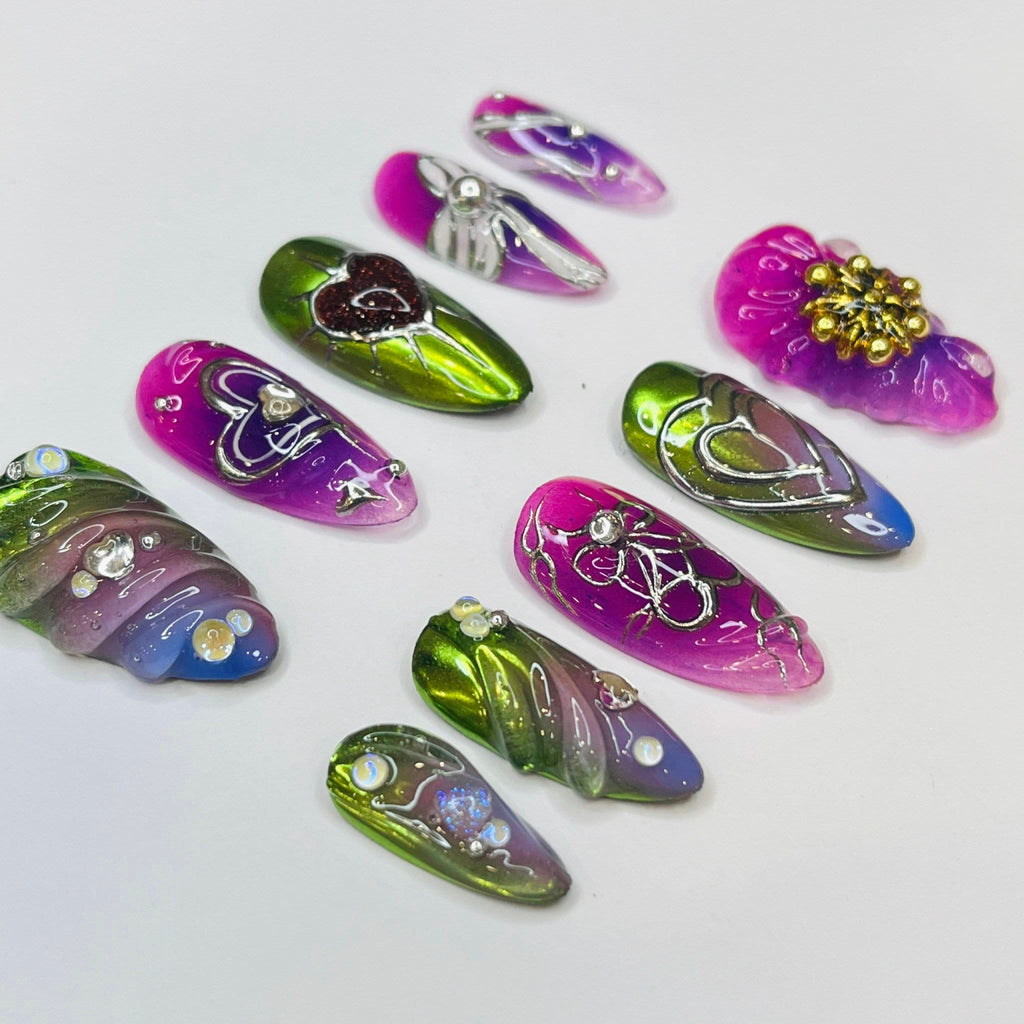Freestyle 3D Pink & Purple Chrome Medium Almond Press On Nails, Cute Valentine Fake Nails, Holiday Birthday Event Nails Art