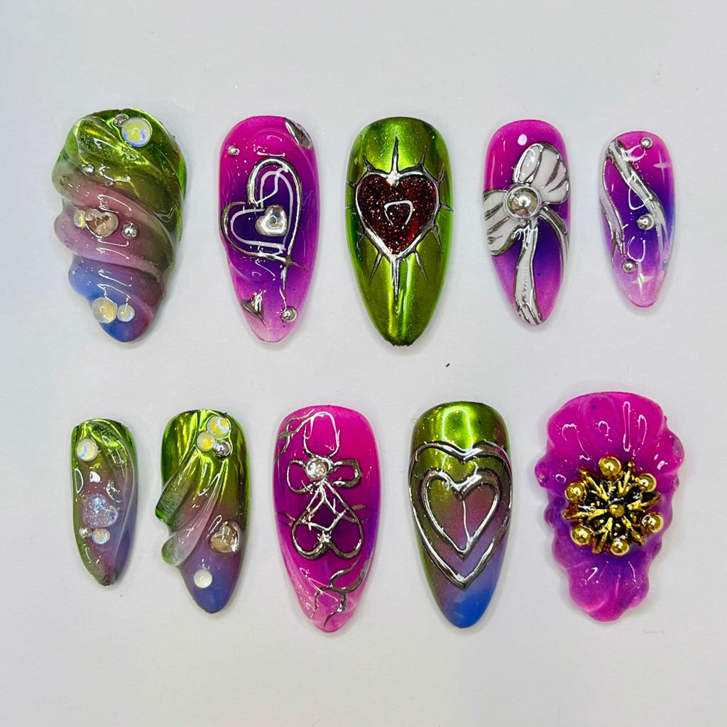 Freestyle 3D Pink & Purple Chrome Medium Almond Press On Nails, Cute Valentine Fake Nails, Holiday Birthday Event Nails Art