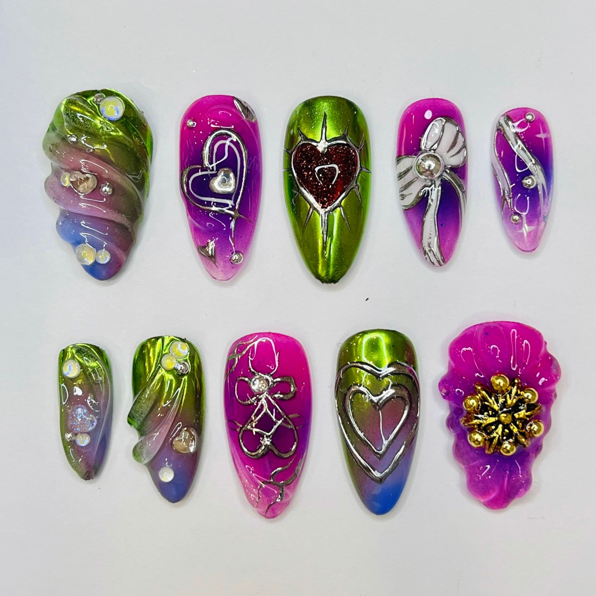 Freestyle 3D Pink & Purple Chrome Medium Almond Press On Nails, Cute Valentine Fake Nails, Holiday Birthday Event Nails Art