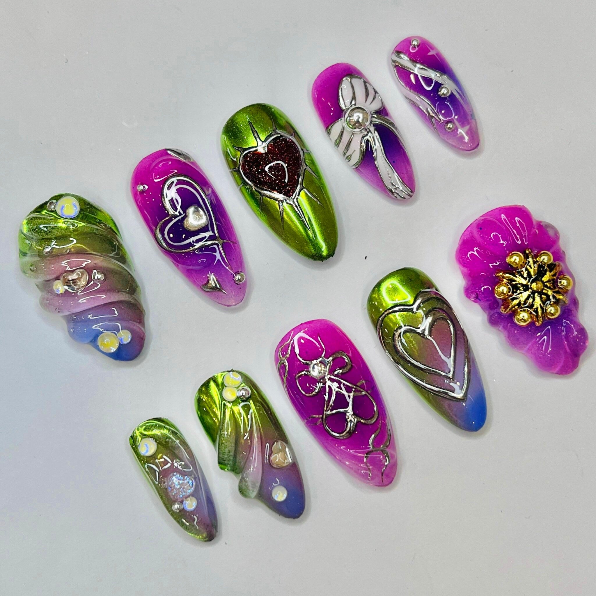 Freestyle 3D Pink & Purple Chrome Medium Almond Press On Nails, Cute Valentine Fake Nails, Holiday Birthday Event Nails Art
