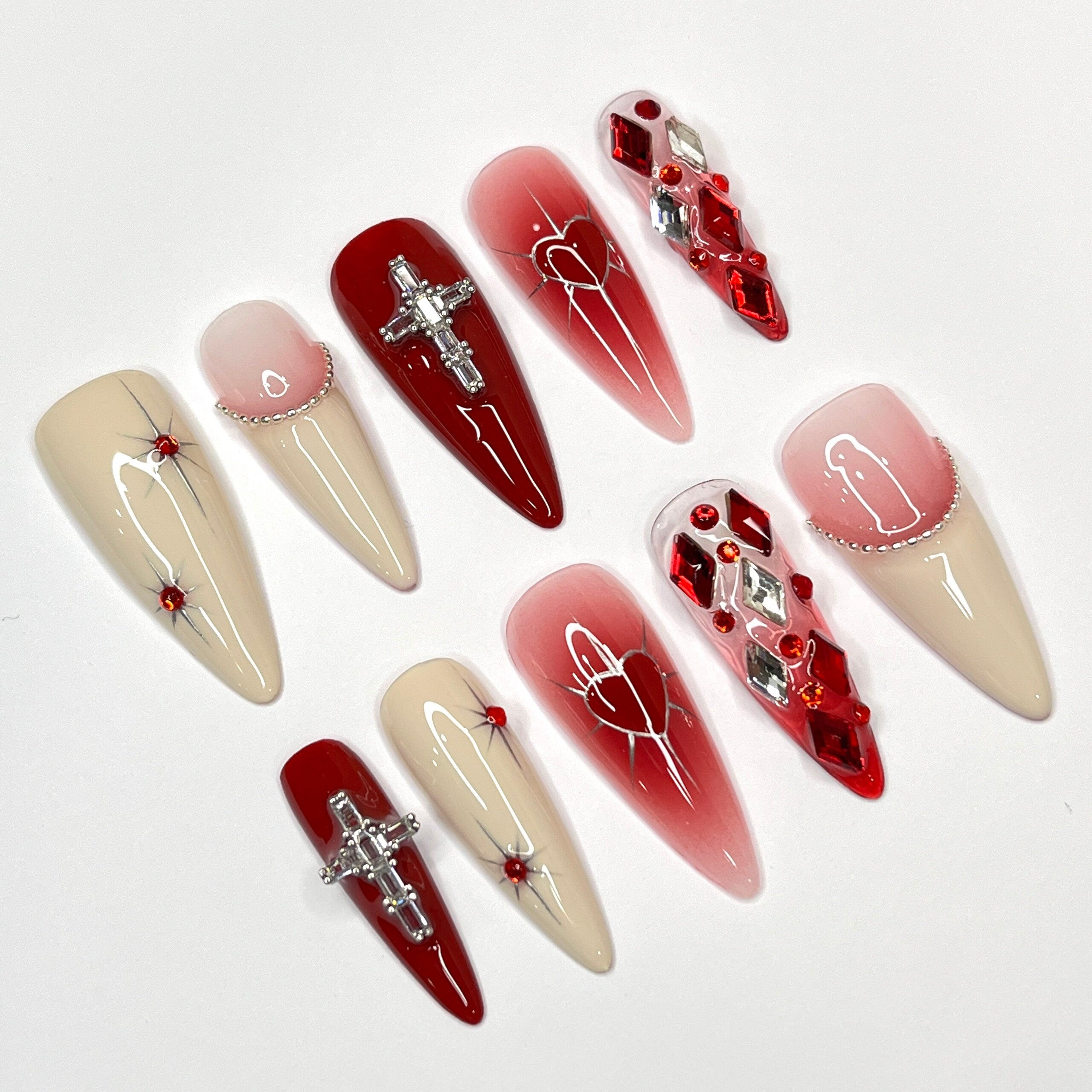 Passionate lover Long Almond Press On Nails, Cute Valentine Fake/False Nails, Holiday Birthday Event Nails Art