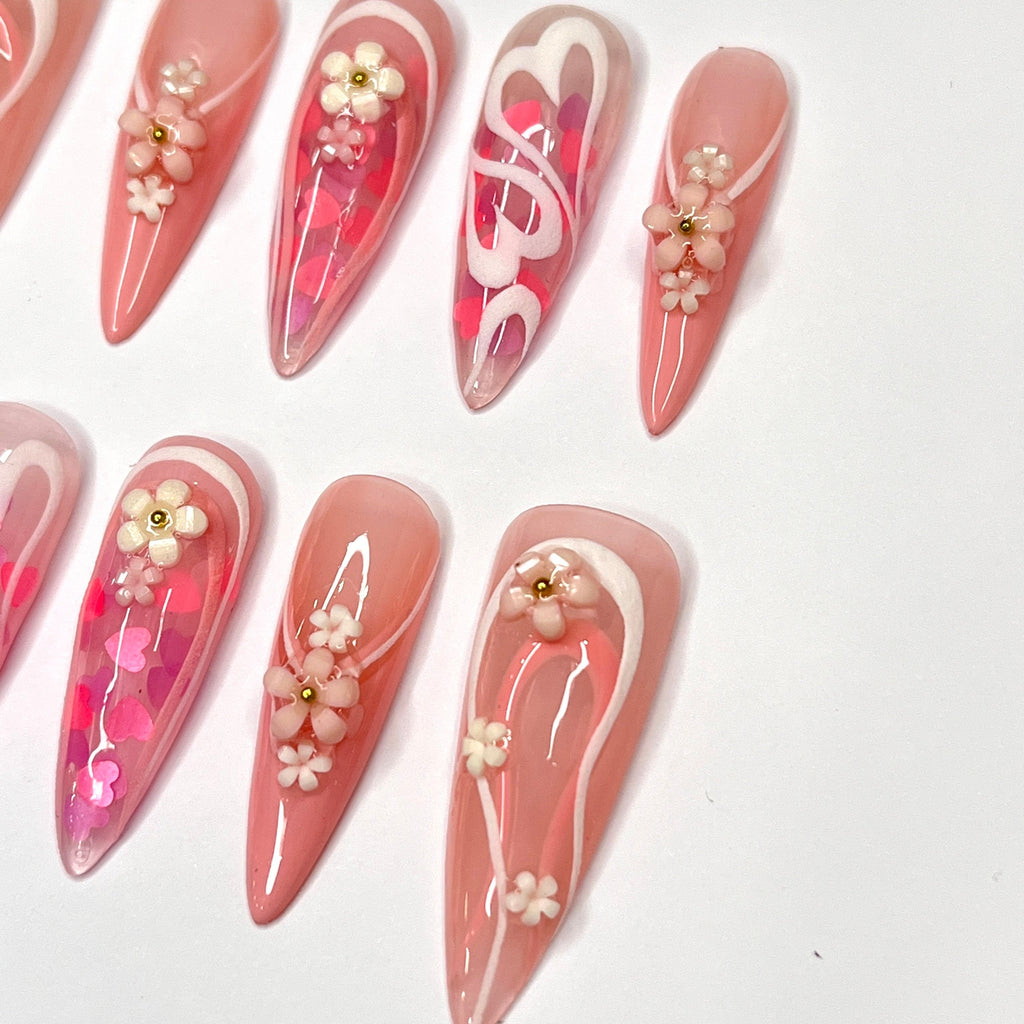 Mini Flower With Pink Heart In Long Stiletto Press On Nail, Cute Valentine Fake/False Nails, Holiday Birthday Event Nails Art