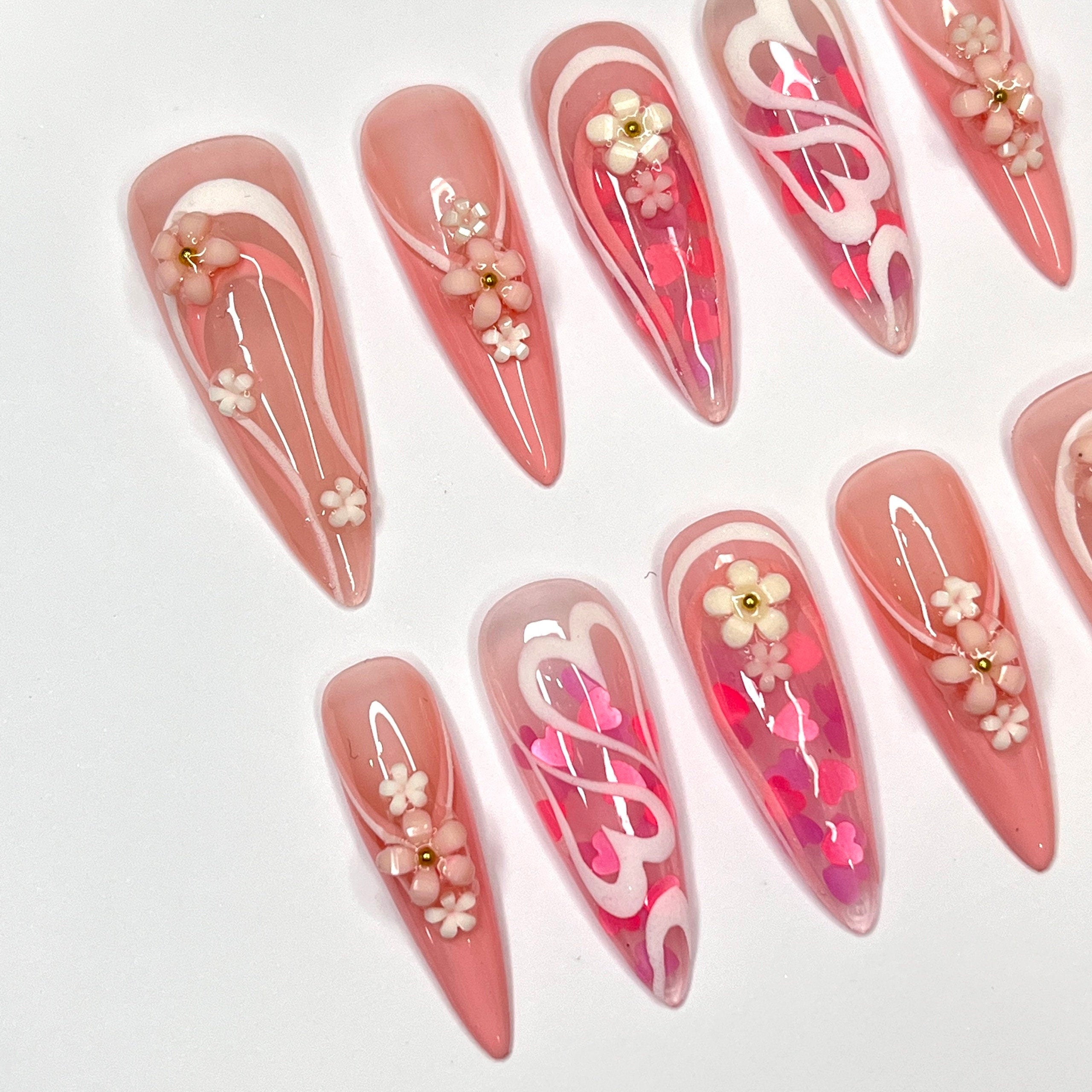 Mini Flower With Pink Heart In Long Stiletto Press On Nail, Cute Valentine Fake/False Nails, Holiday Birthday Event Nails Art