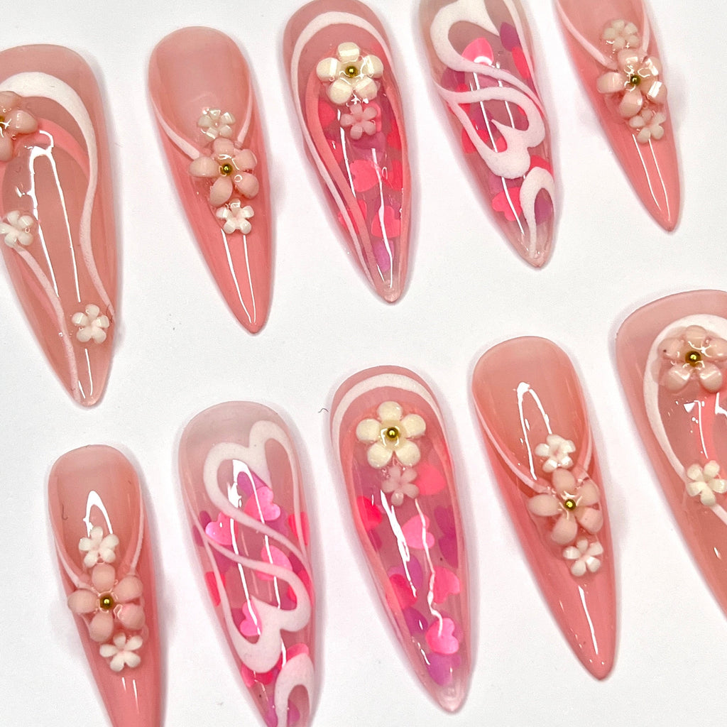 Mini Flower With Pink Heart In Long Stiletto Press On Nail, Cute Valentine Fake/False Nails, Holiday Birthday Event Nails Art