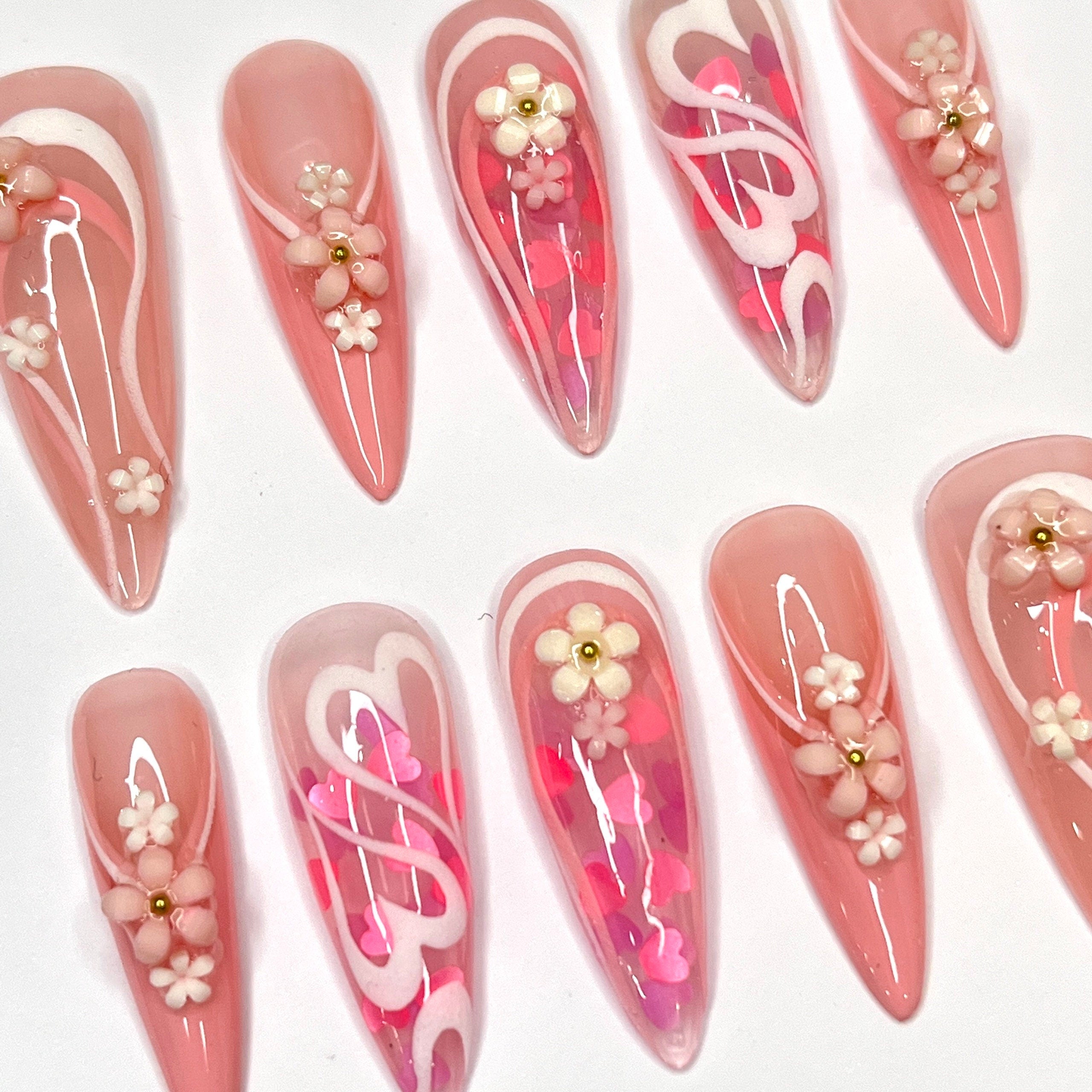 Mini Flower With Pink Heart In Long Stiletto Press On Nail, Cute Valentine Fake/False Nails, Holiday Birthday Event Nails Art