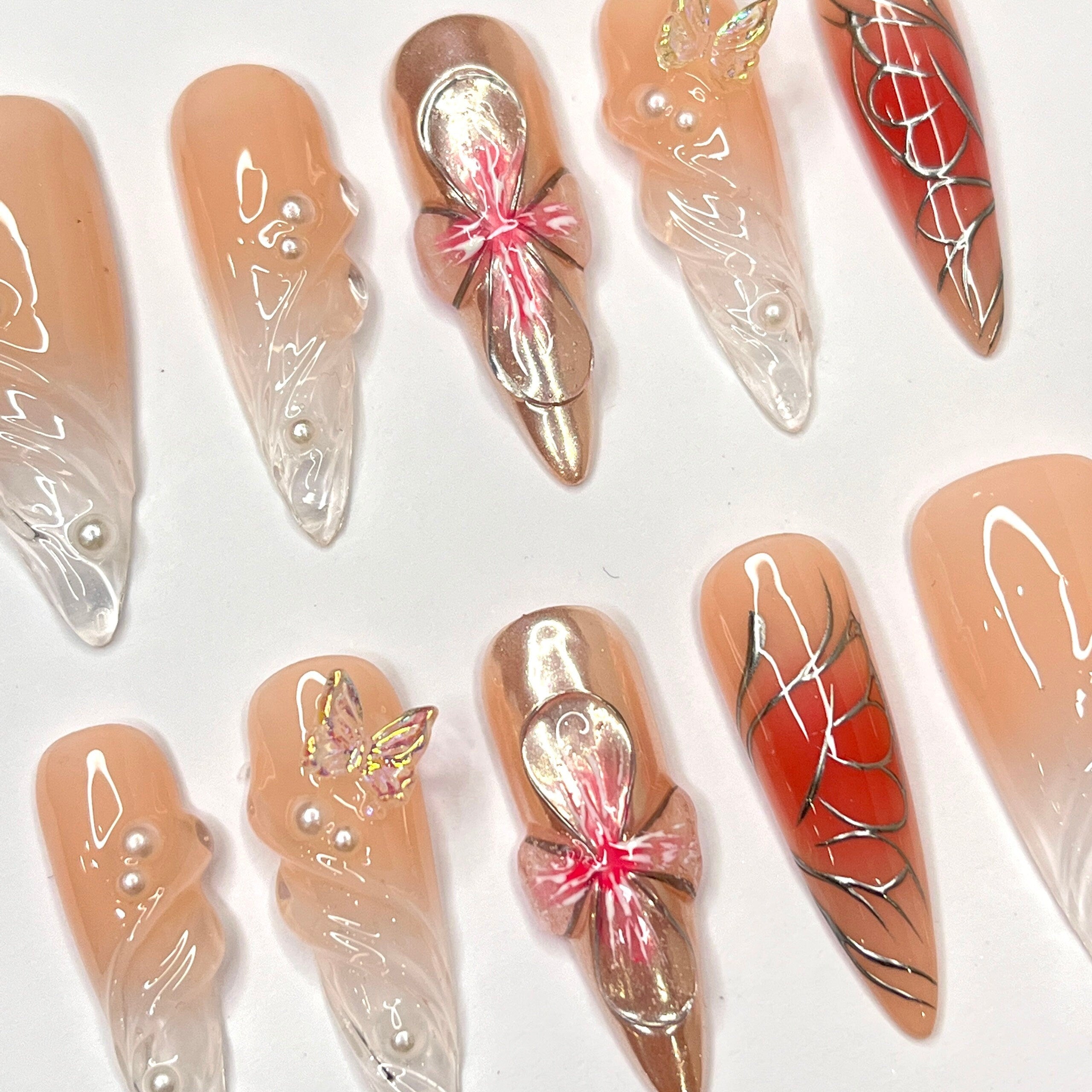 Free Style 3D Flower In Long Almond Press On Nail, Cute Valentine Fake/False Nails, Holiday Birthday Event Nails Art