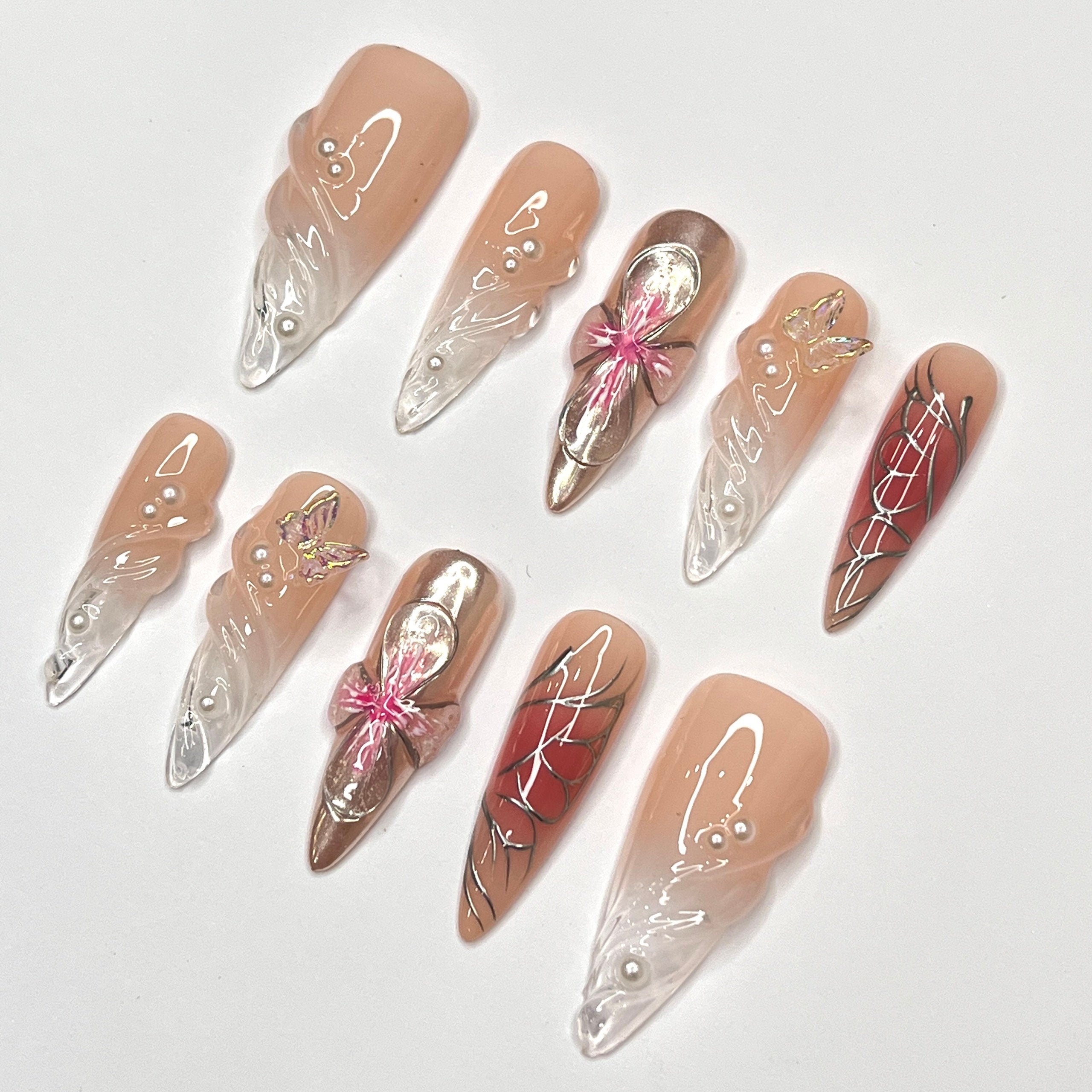 Free Style 3D Flower In Long Almond Press On Nail, Cute Valentine Fake/False Nails, Holiday Birthday Event Nails Art