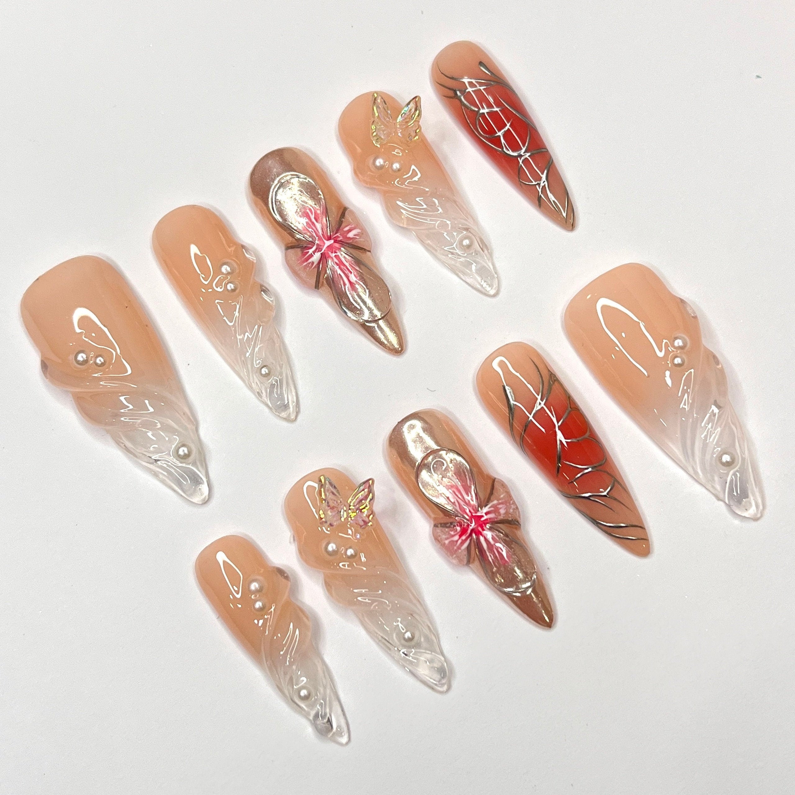 Free Style 3D Flower In Long Almond Press On Nail, Cute Valentine Fake/False Nails, Holiday Birthday Event Nails Art