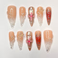 Free Style 3D Flower In Long Almond Press On Nail, Cute Valentine Fake/False Nails, Holiday Birthday Event Nails Art