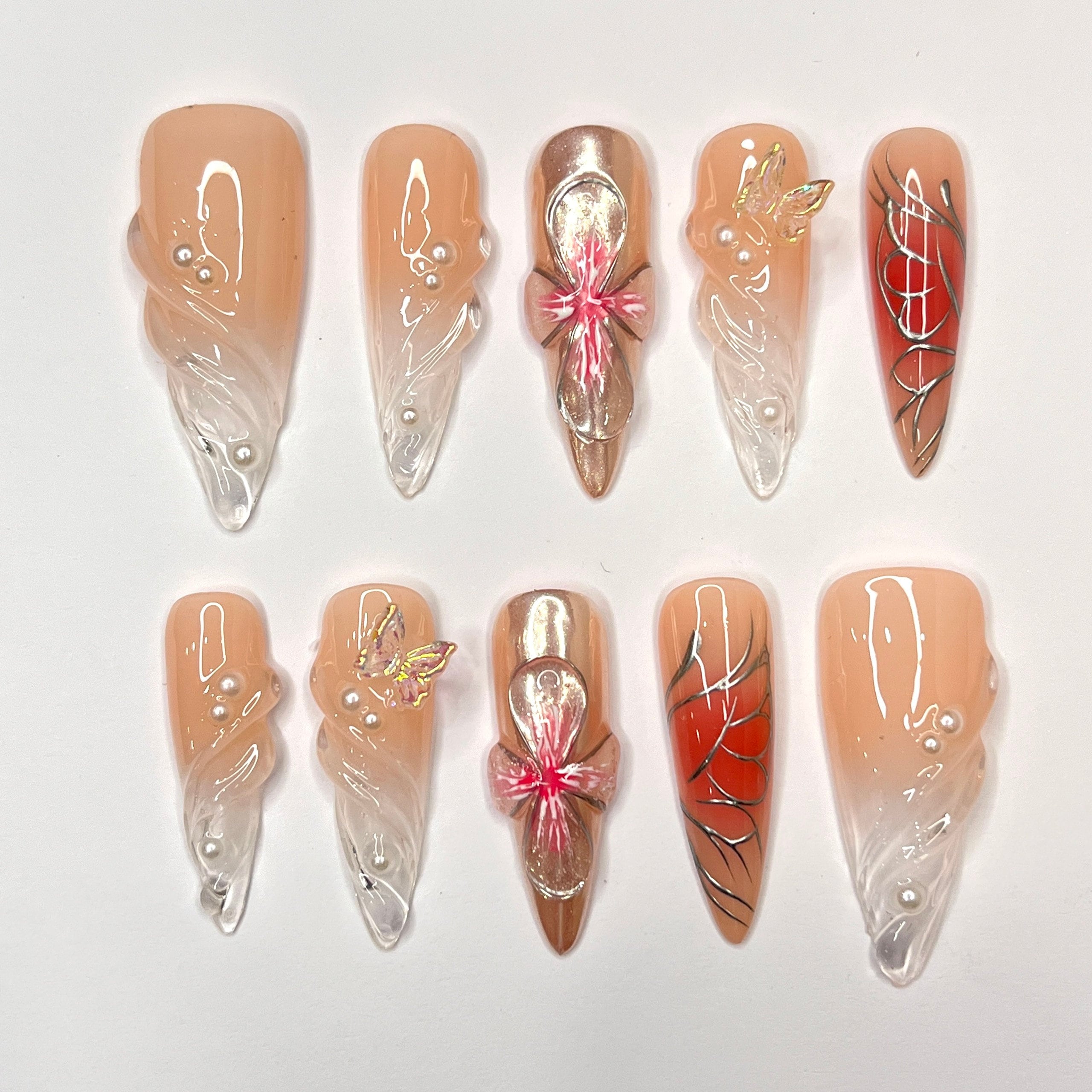 Free Style 3D Flower In Long Almond Press On Nail, Cute Valentine Fake/False Nails, Holiday Birthday Event Nails Art
