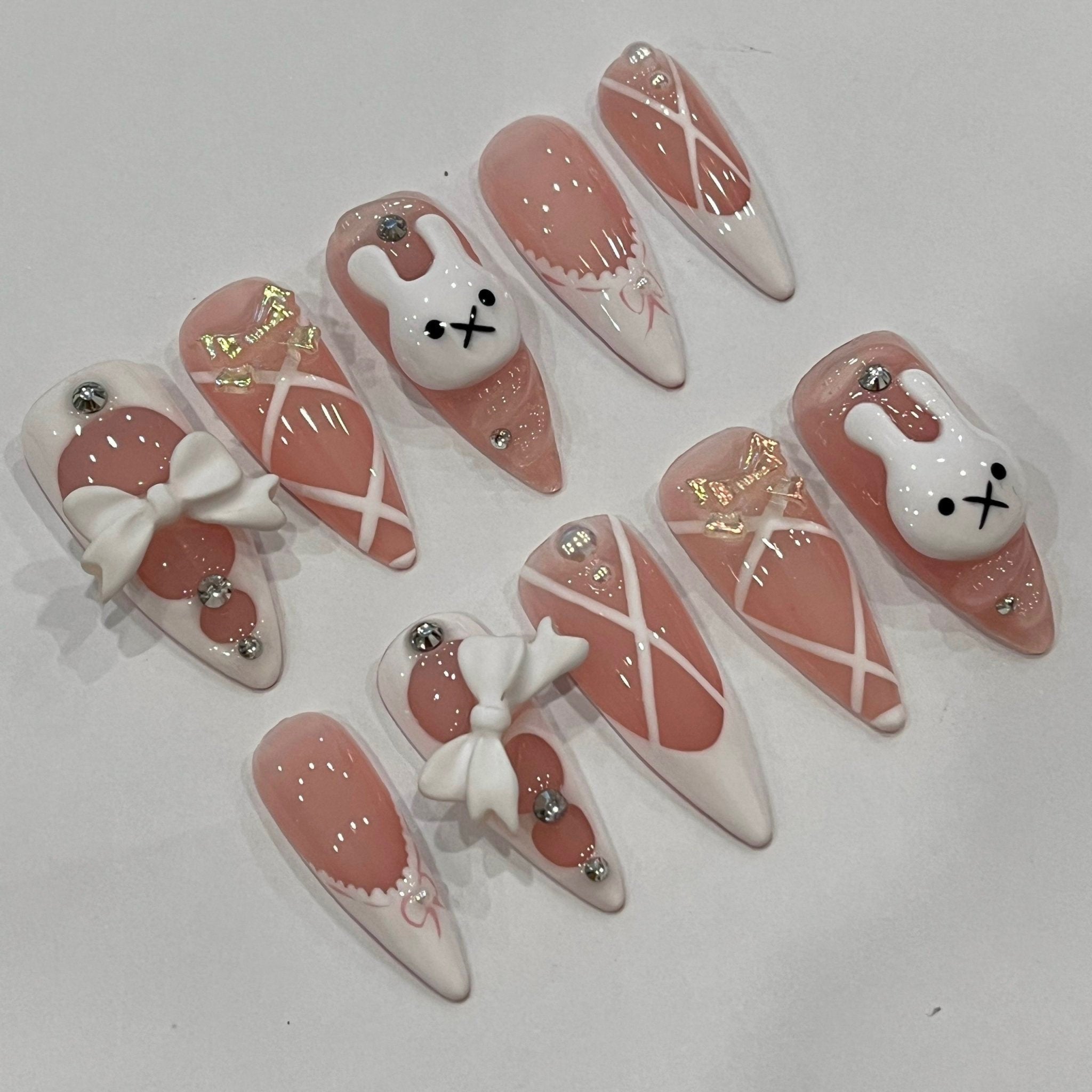 Miffy x Ballerina Long Almond Press On Nail, Cute Bunny False Nails Art, Nails for Holiday Birthday Easter , Gift for Her