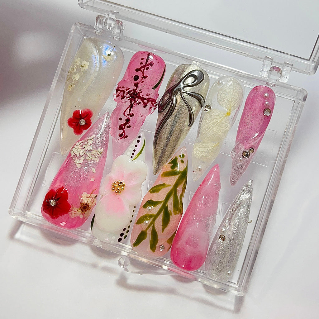 Free Style 3D Flowers Almond Press On Nails, Elegance Fake Nails for Holiday, Party, Event, Cute Birthday Gift