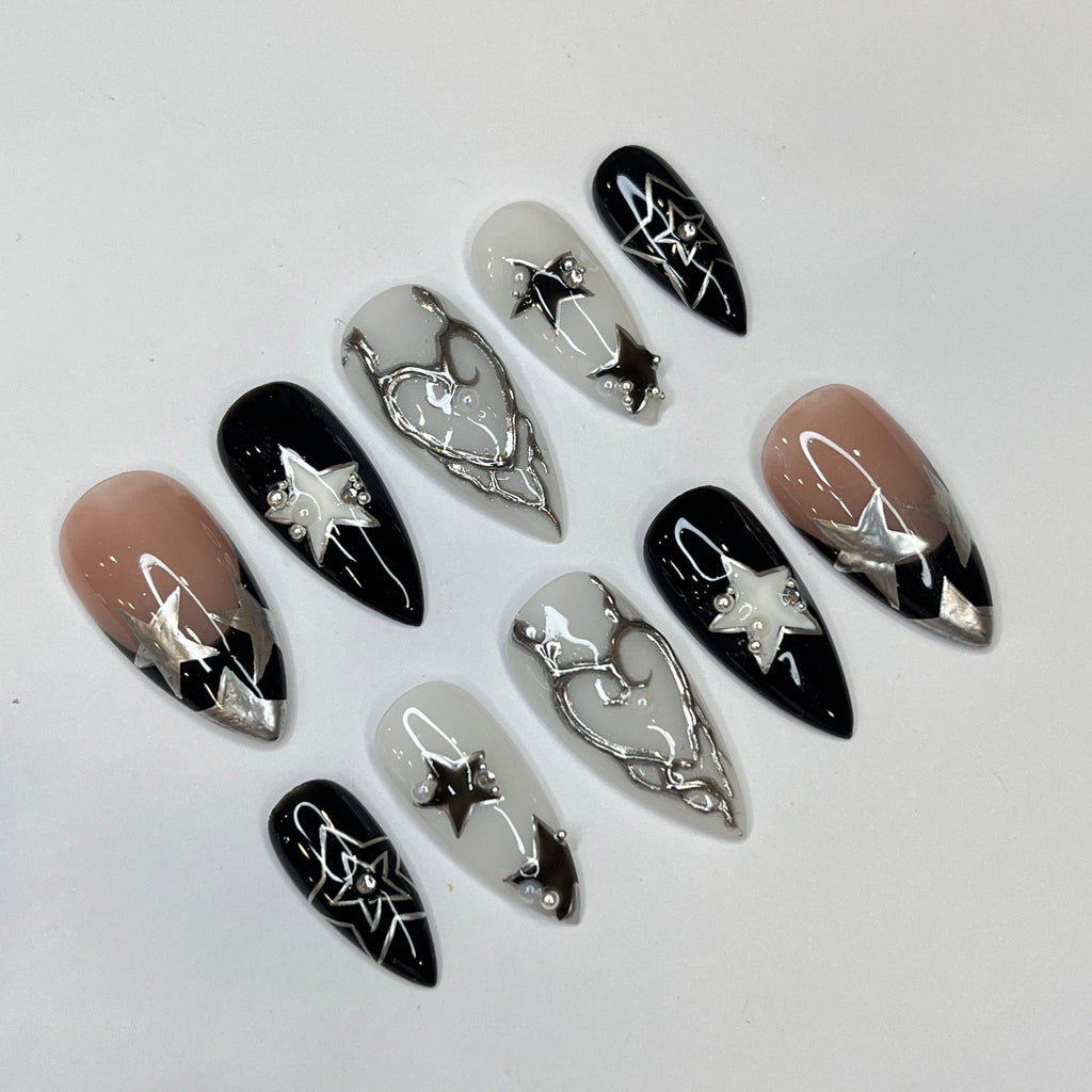 Freestyle Silver Stars Press On Nails, Elegant Fake Nails, Chrome Nails Art, Birthday Party Holiday Nails/ Valentine Nail Set