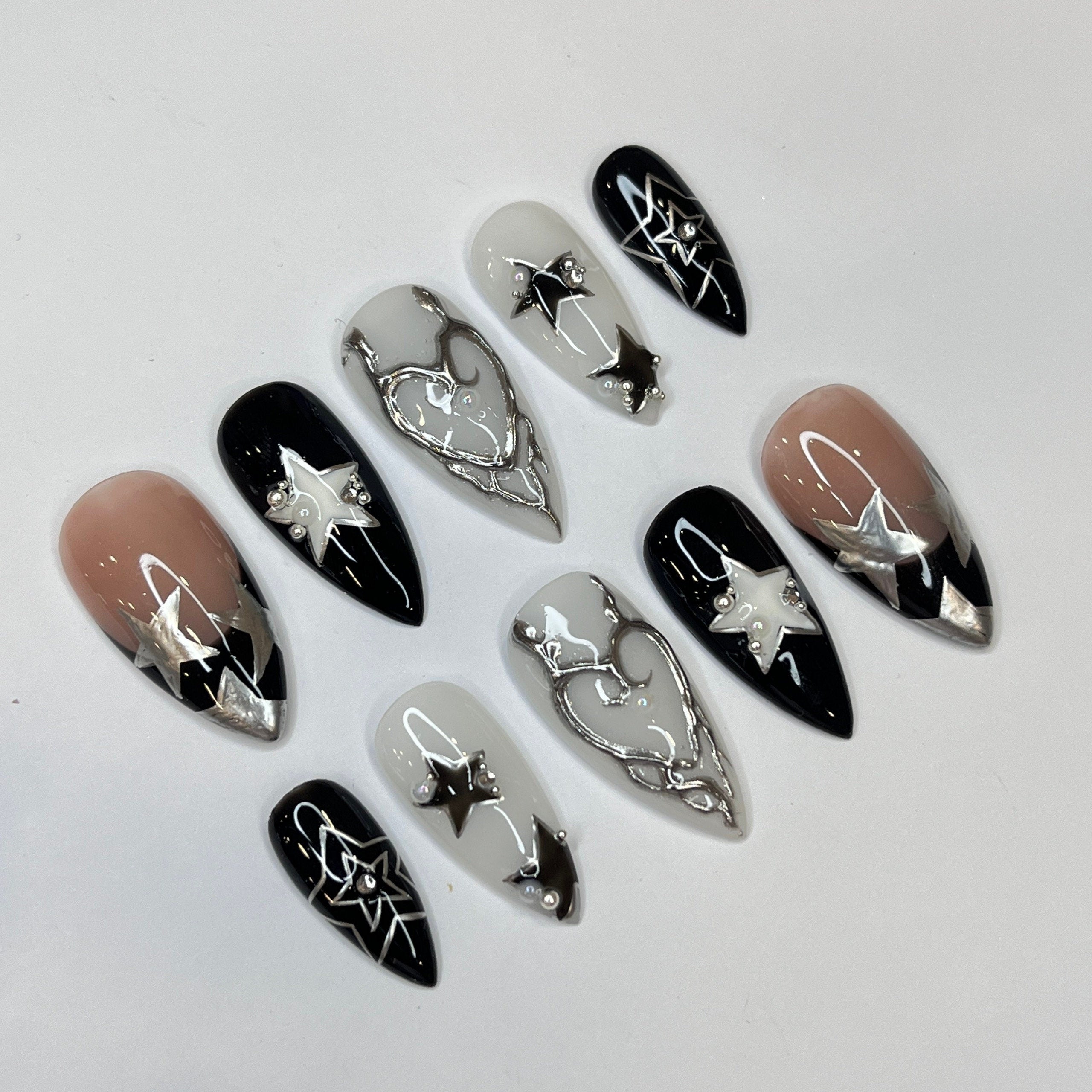 Freestyle Silver Stars Press On Nails, Elegant Fake Nails, Chrome Nails Art, Birthday Party Holiday Nails/ Valentine Nail Set