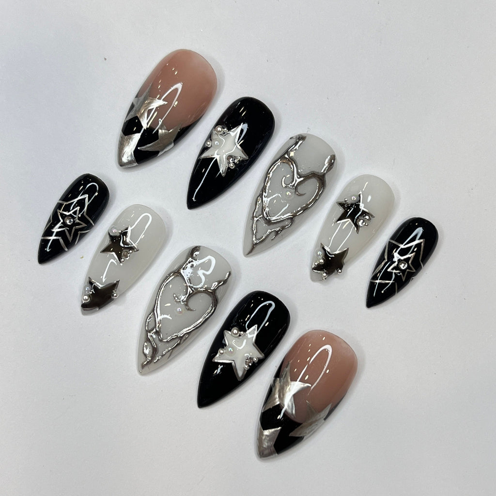 Freestyle Silver Stars Press On Nails, Elegant Fake Nails, Chrome Nails Art, Birthday Party Holiday Nails/ Valentine Nail Set