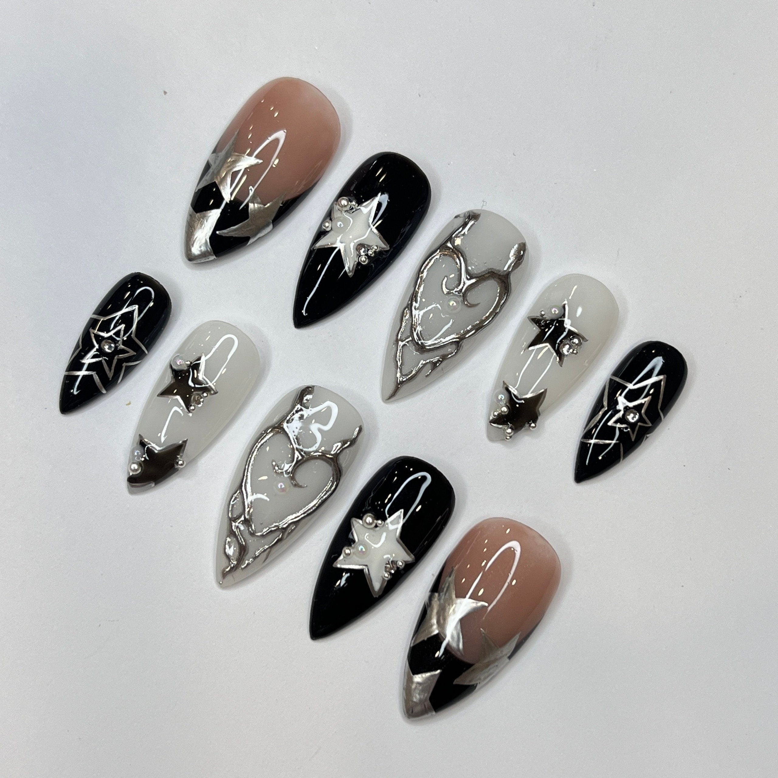 Freestyle Silver Stars Press On Nails, Elegant Fake Nails, Chrome Nails Art, Birthday Party Holiday Nails/ Valentine Nail Set