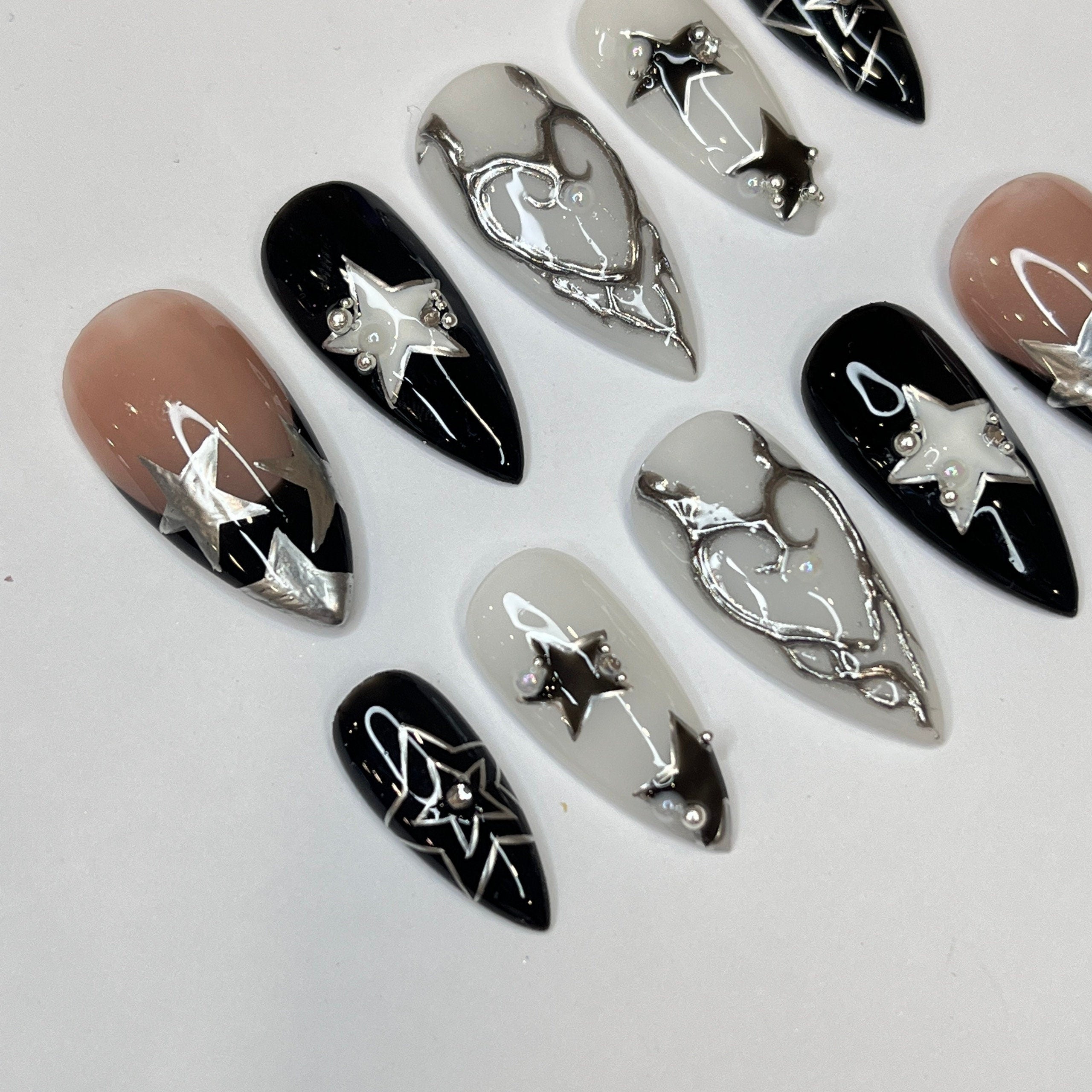 Freestyle Silver Stars Press On Nails, Elegant Fake Nails, Chrome Nails Art, Birthday Party Holiday Nails/ Valentine Nail Set