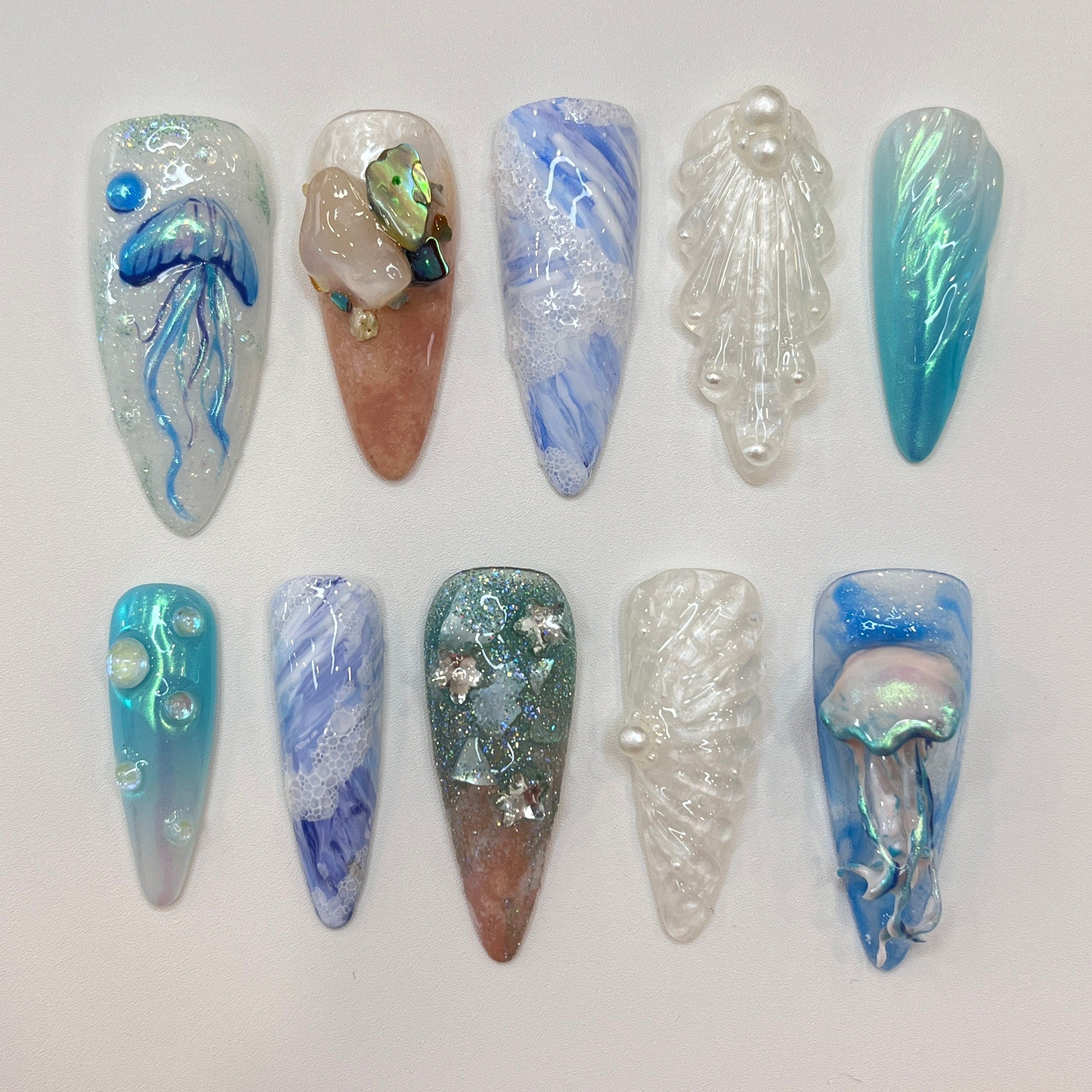 Ocean Love Inspired Press On Nails, Elegant Fake Nails, 3D Nails Art for Holiday ,Birthday, Party Nails, Nature Lover Nails