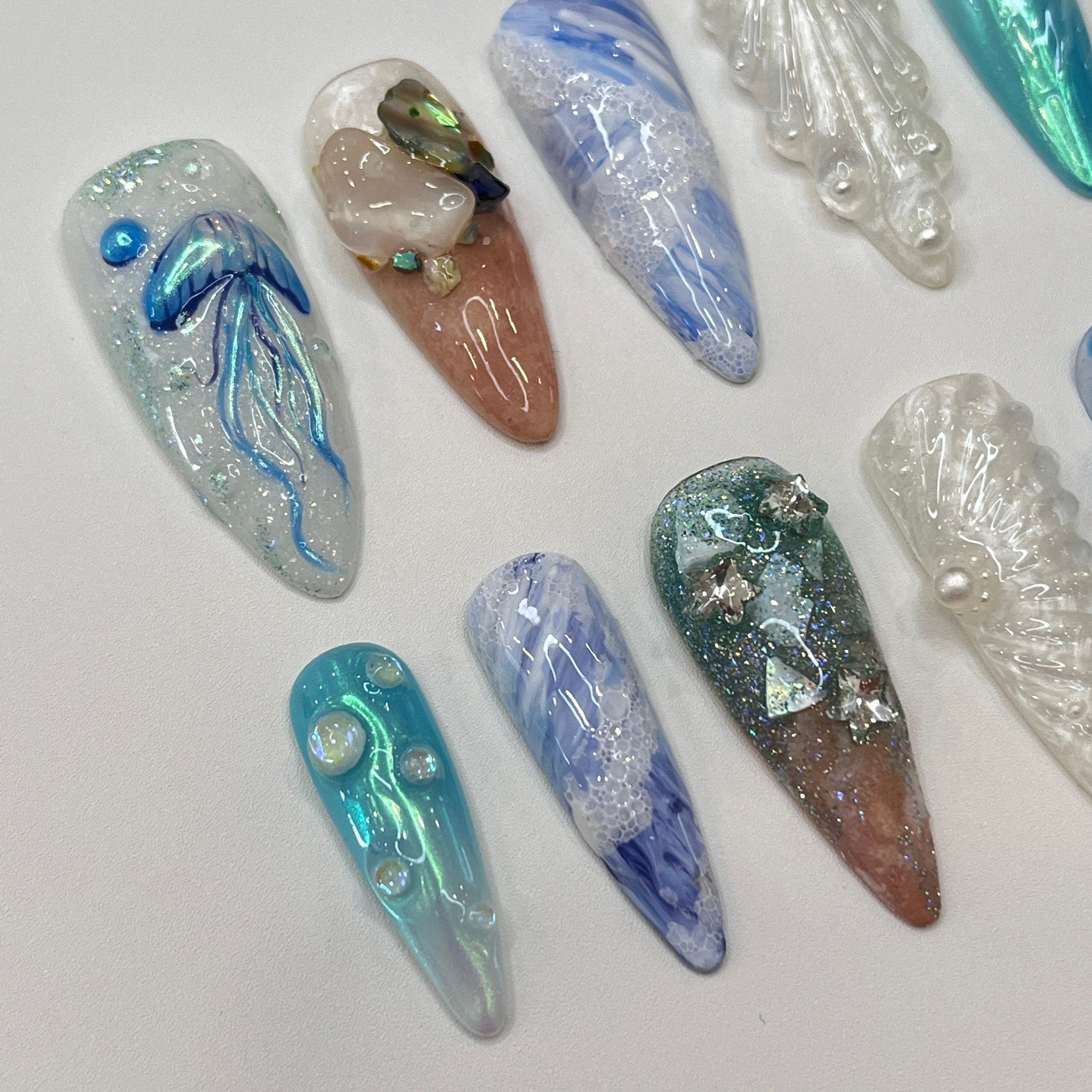 Ocean Love Inspired Press On Nails, Elegant Fake Nails, 3D Nails Art for Holiday ,Birthday, Party Nails, Nature Lover Nails