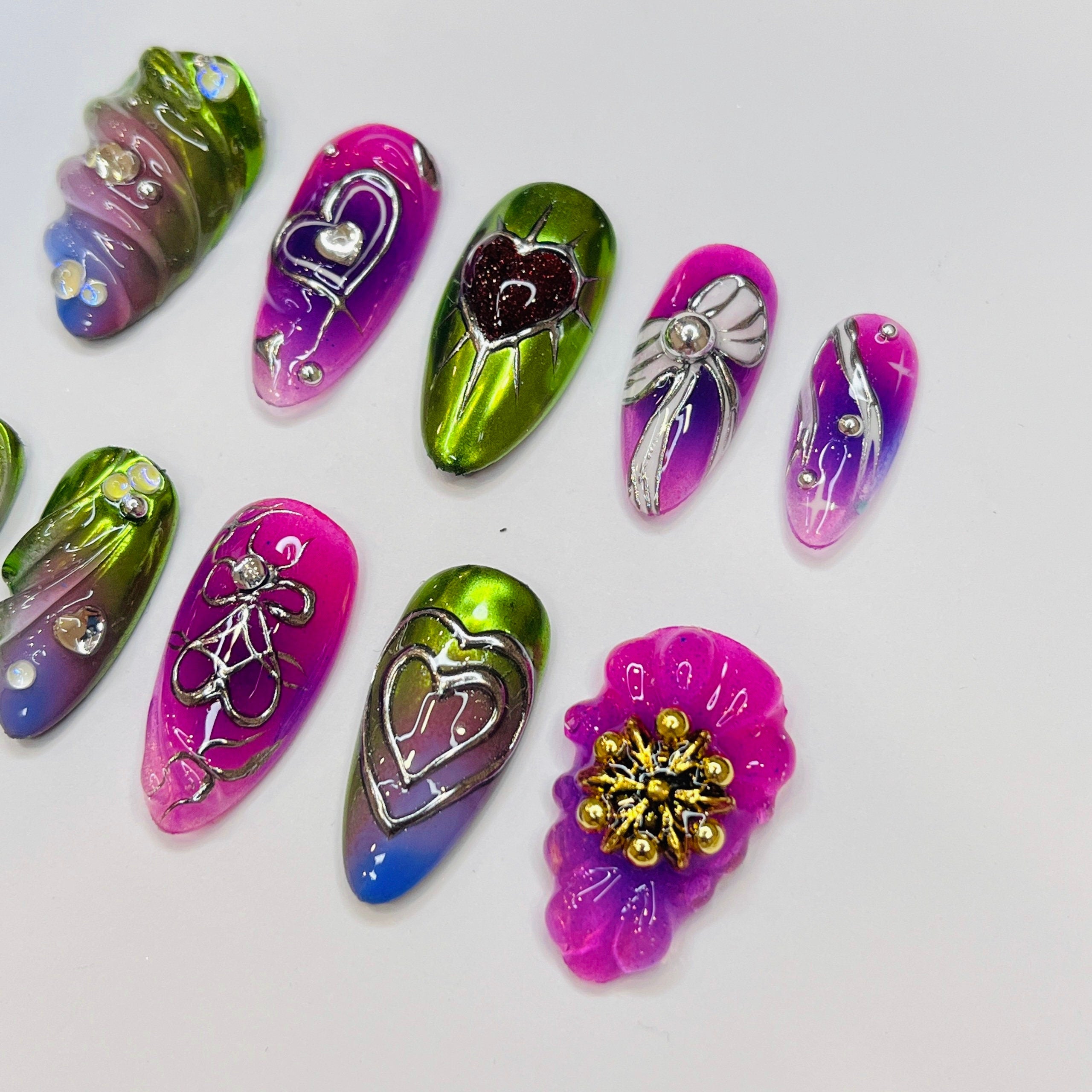 Freestyle 3D Pink & Purple Chrome Medium Almond Press On Nails, Cute Valentine Fake Nails, Holiday Birthday Event Nails Art