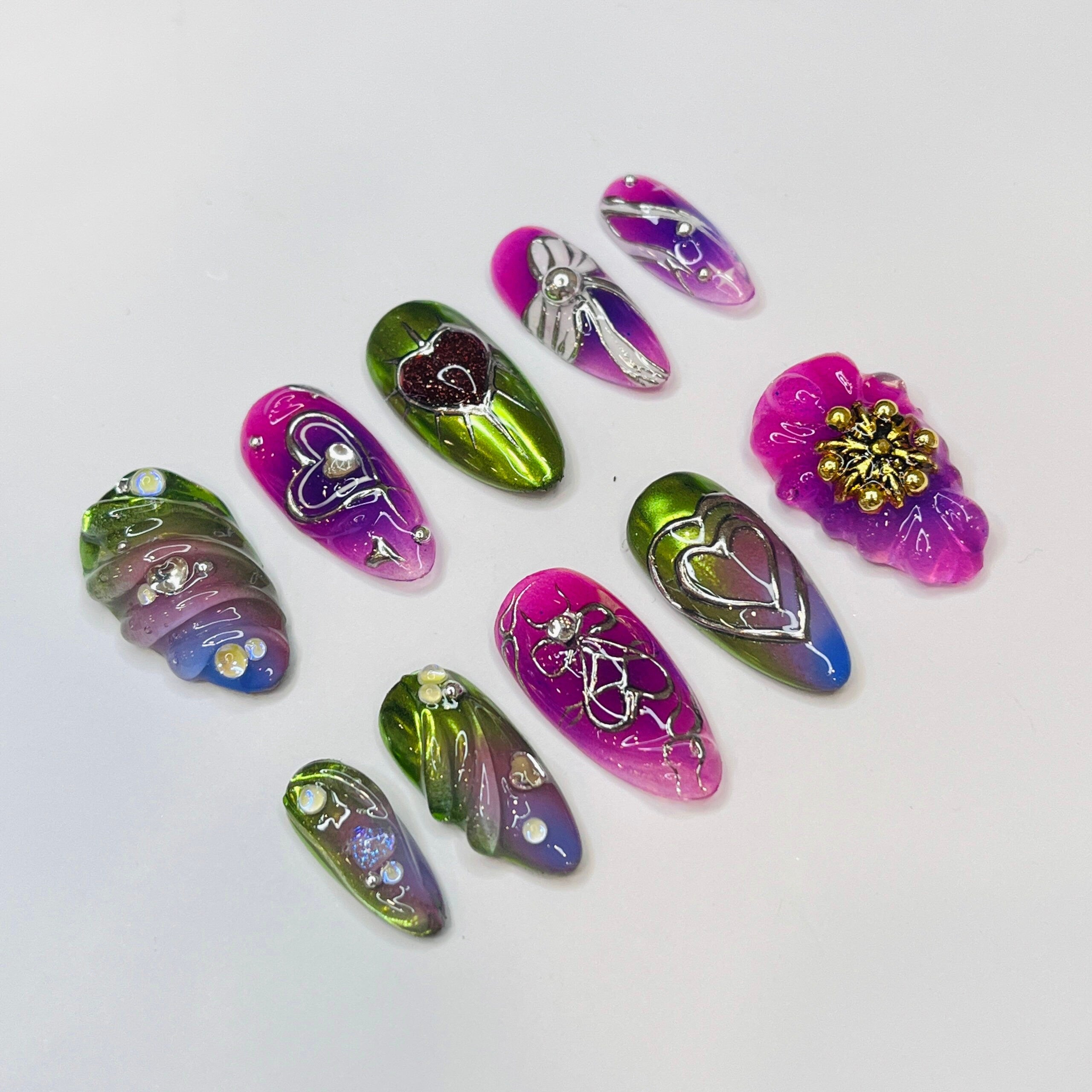 Freestyle 3D Pink & Purple Chrome Medium Almond Press On Nails, Cute Valentine Fake Nails, Holiday Birthday Event Nails Art