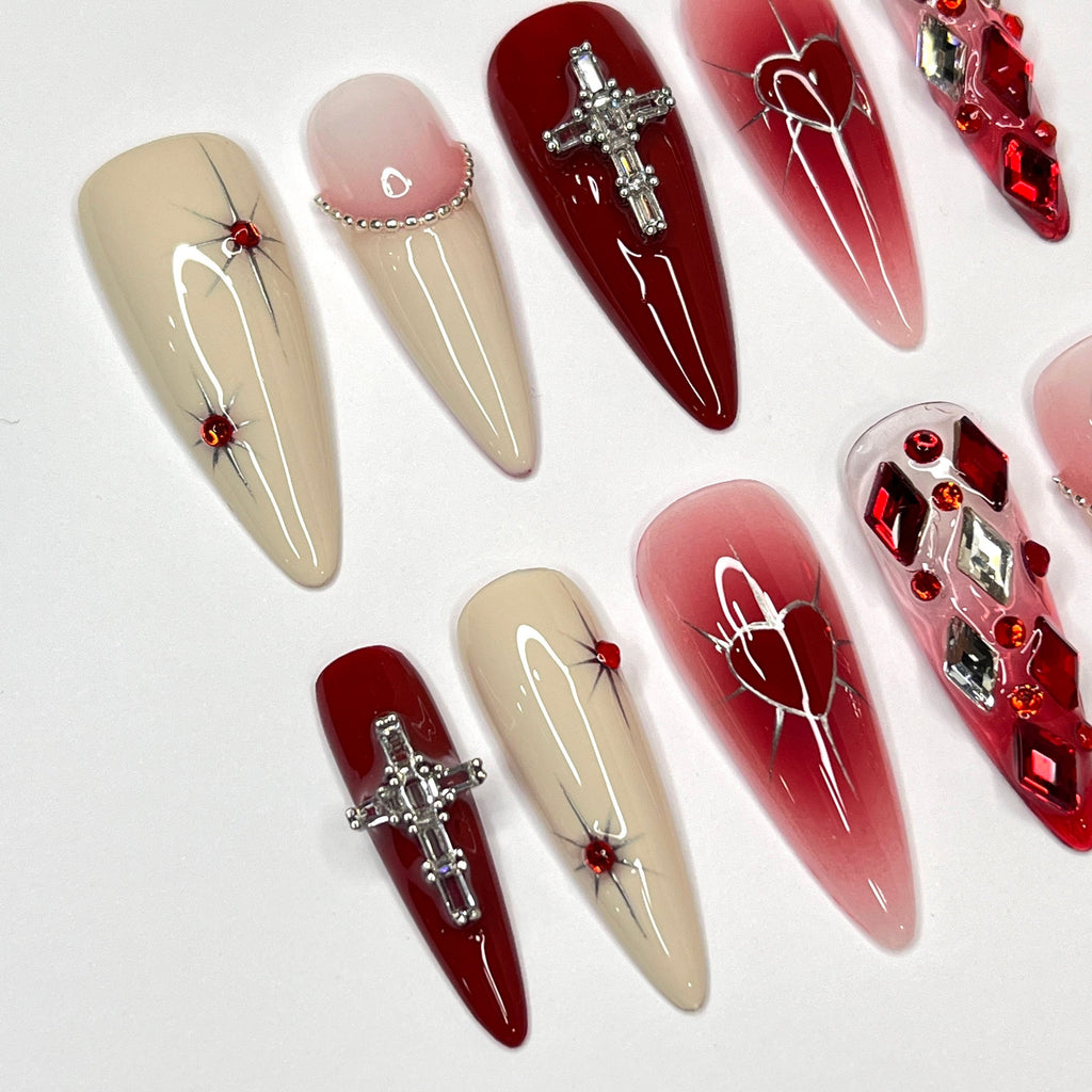 Passionate lover Long Almond Press On Nails, Cute Valentine Fake/False Nails, Holiday Birthday Event Nails Art