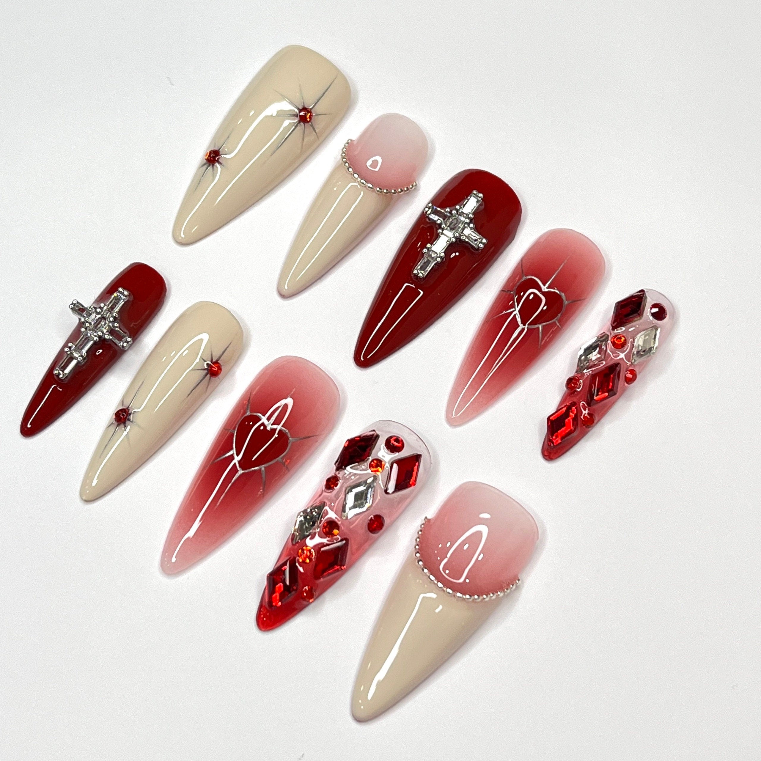 Passionate lover Long Almond Press On Nails, Cute Valentine Fake/False Nails, Holiday Birthday Event Nails Art