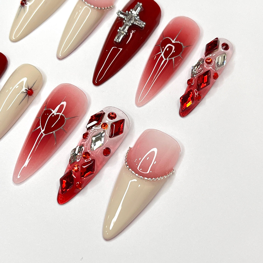 Passionate lover Long Almond Press On Nails, Cute Valentine Fake/False Nails, Holiday Birthday Event Nails Art