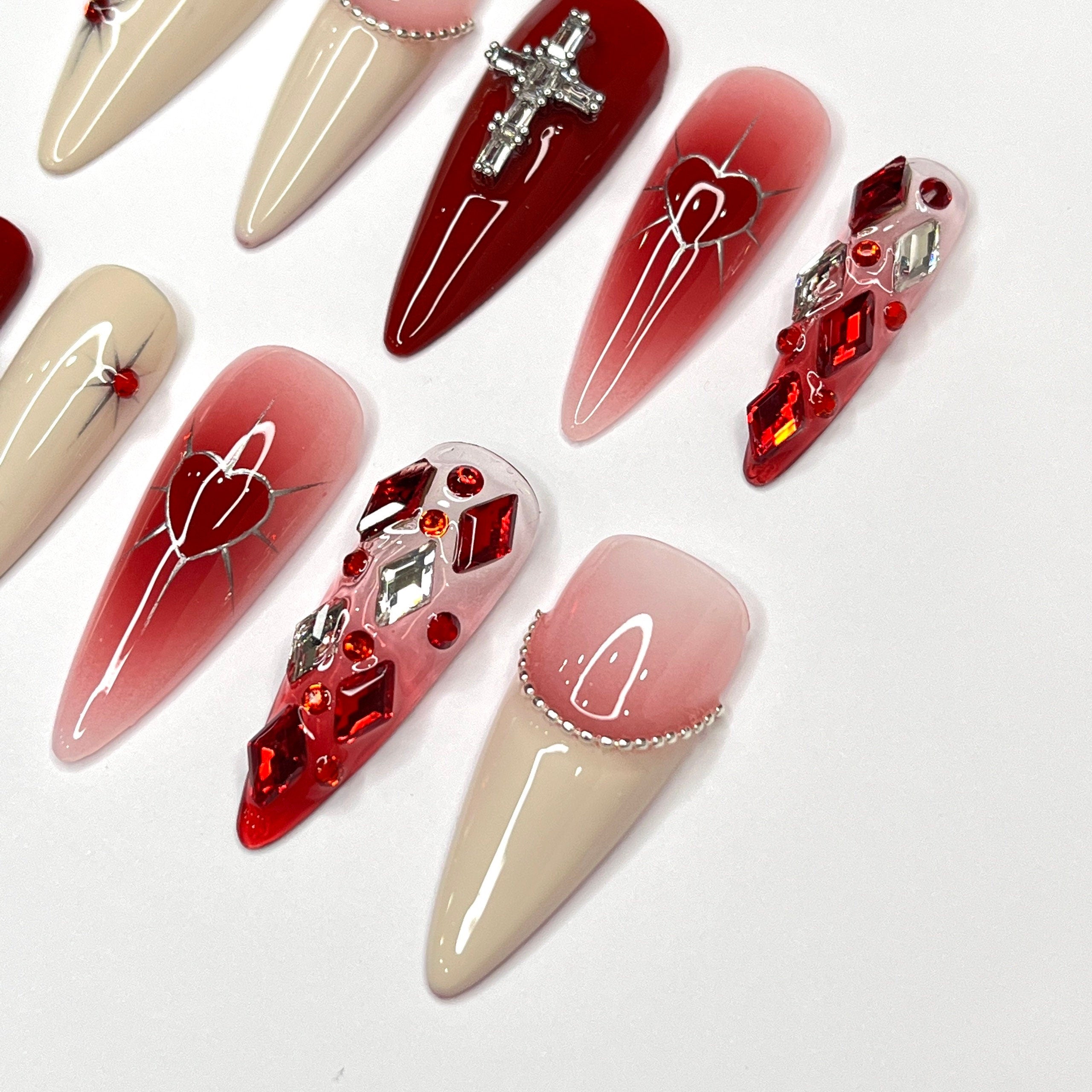 Passionate lover Long Almond Press On Nails, Cute Valentine Fake/False Nails, Holiday Birthday Event Nails Art