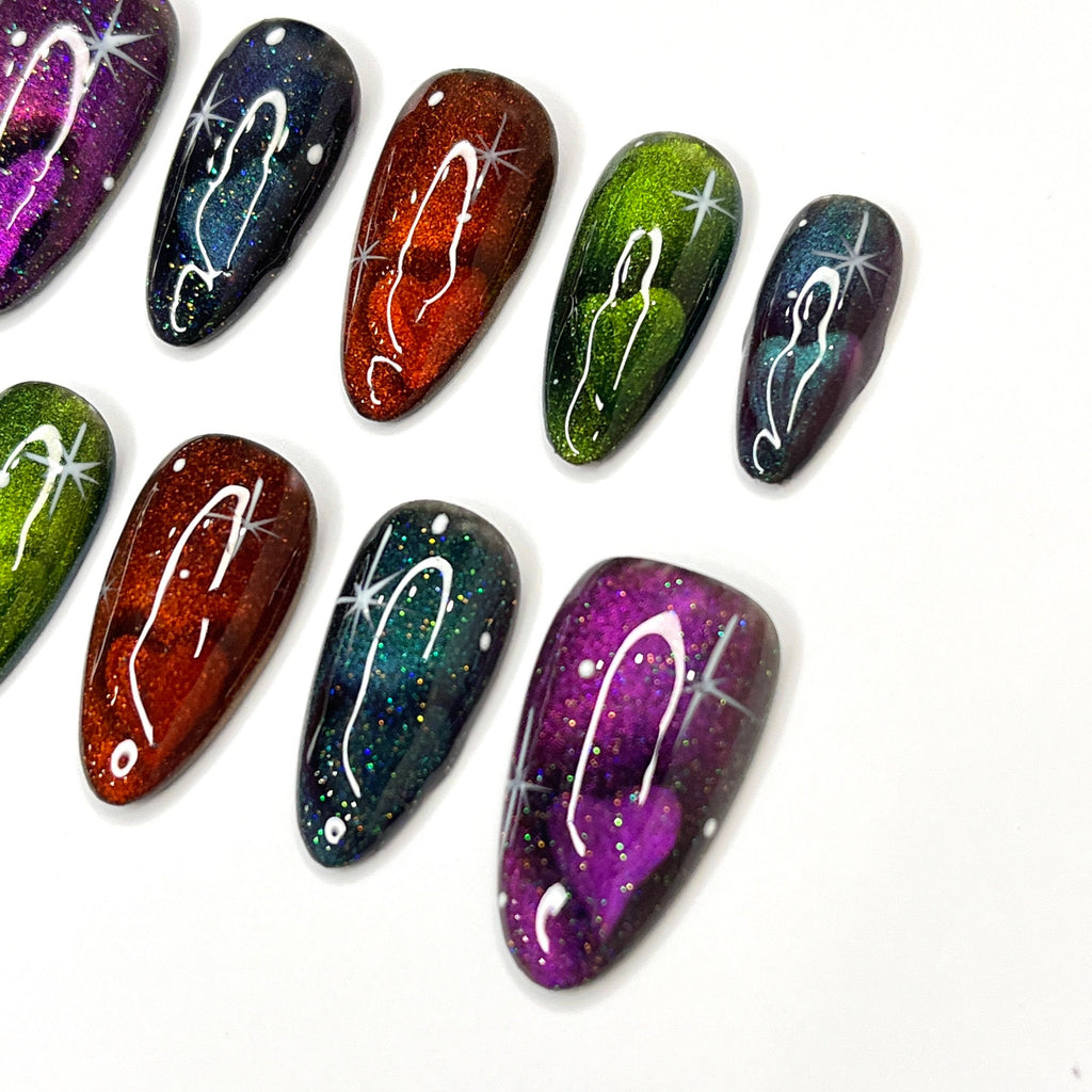 Galaxy With Heart for Valentine Day in Almond Press On Nails, Cute Valentine Fake/False Nails, Holiday Birthday Event Nails Art