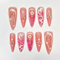 Mini Flower With Pink Heart In Long Stiletto Press On Nail, Cute Valentine Fake/False Nails, Holiday Birthday Event Nails Art
