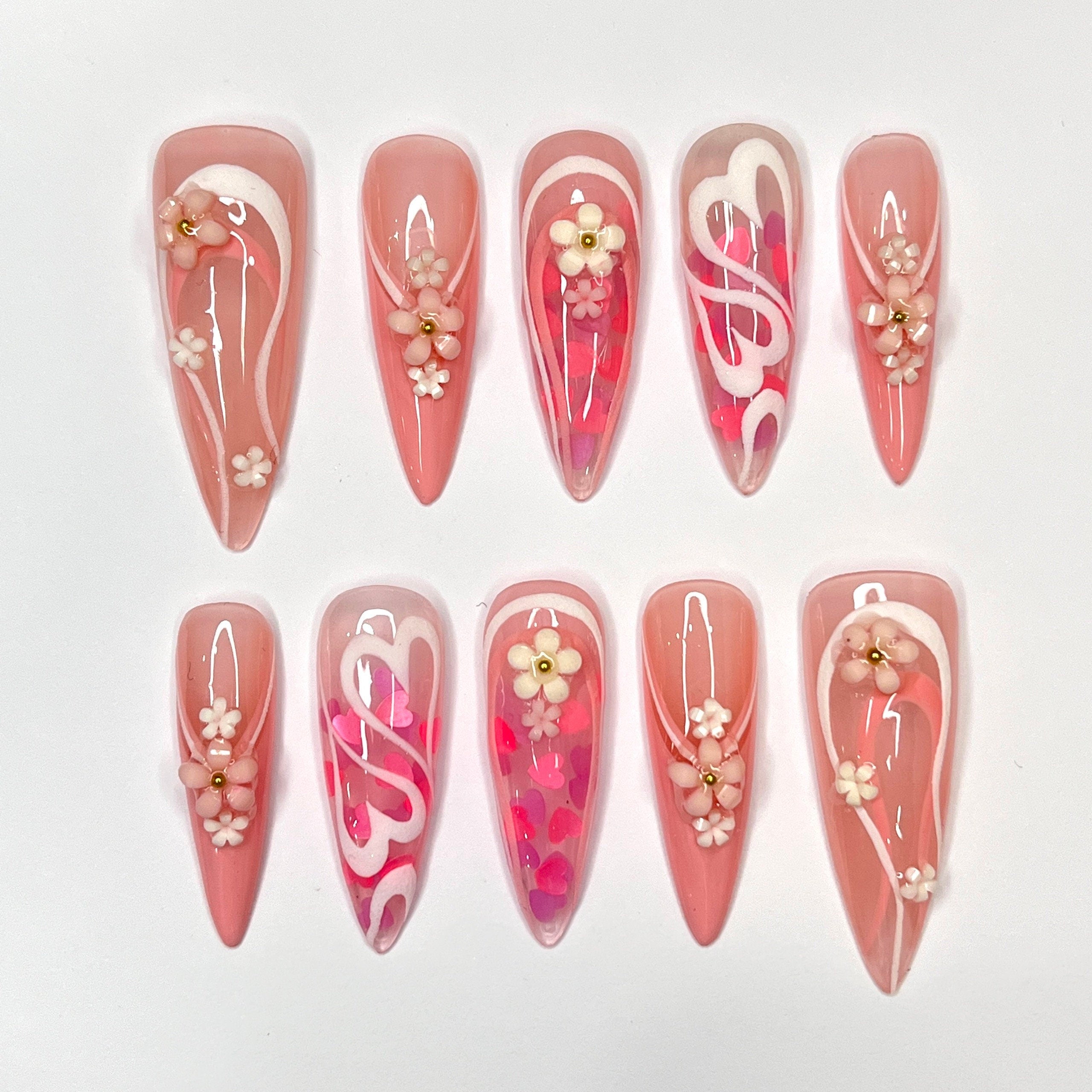 Mini Flower With Pink Heart In Long Stiletto Press On Nail, Cute Valentine Fake/False Nails, Holiday Birthday Event Nails Art
