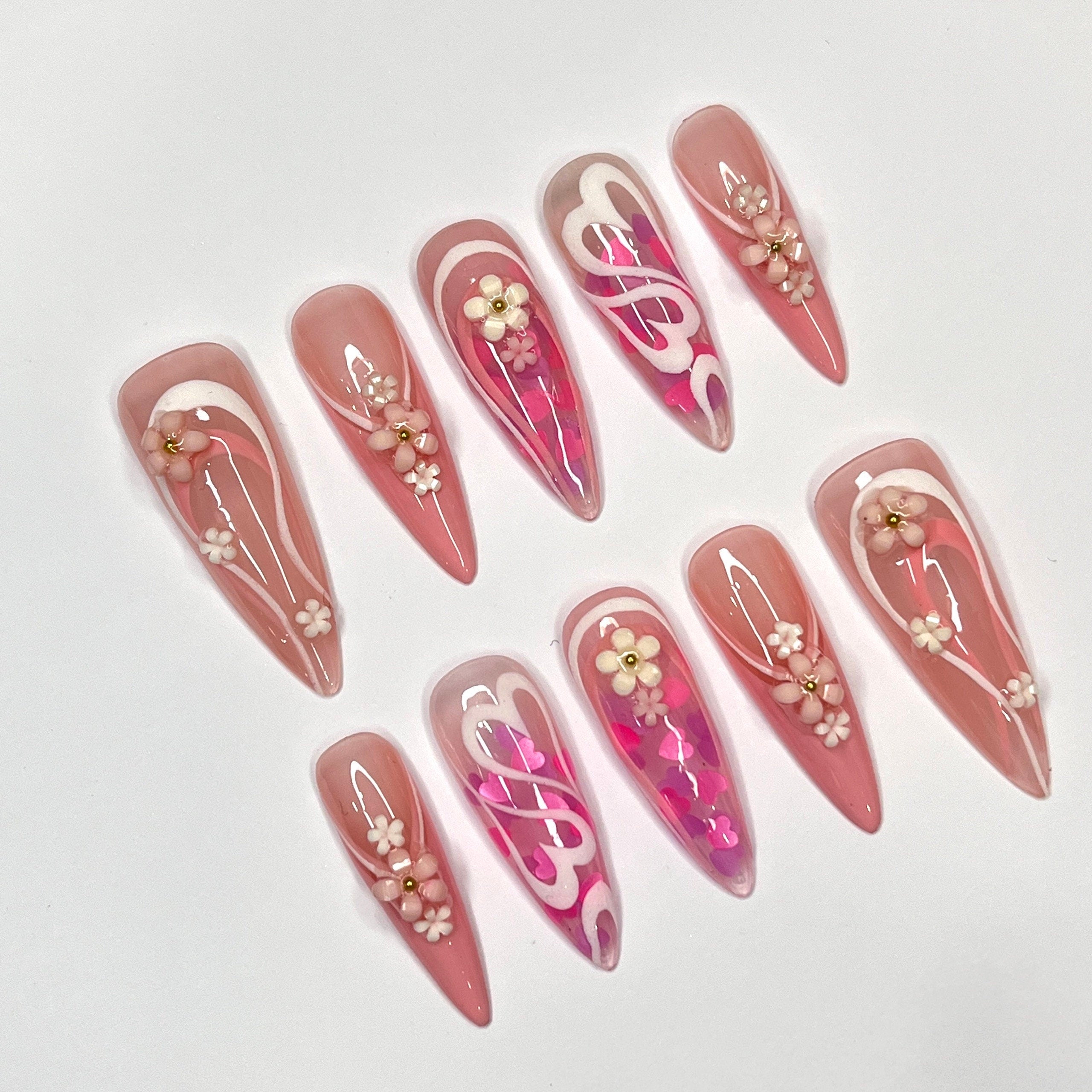 Mini Flower With Pink Heart In Long Stiletto Press On Nail, Cute Valentine Fake/False Nails, Holiday Birthday Event Nails Art