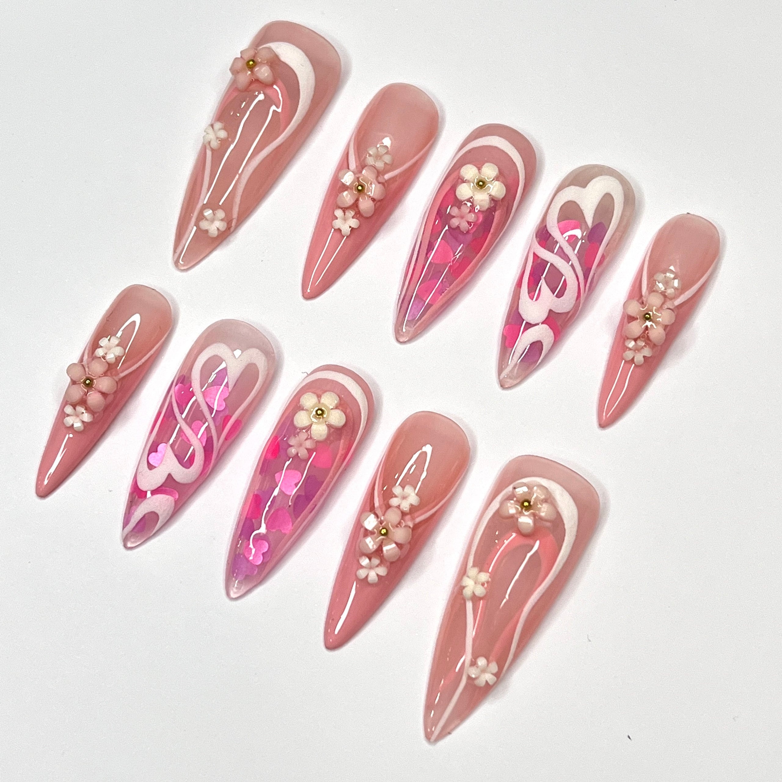 Mini Flower With Pink Heart In Long Stiletto Press On Nail, Cute Valentine Fake/False Nails, Holiday Birthday Event Nails Art