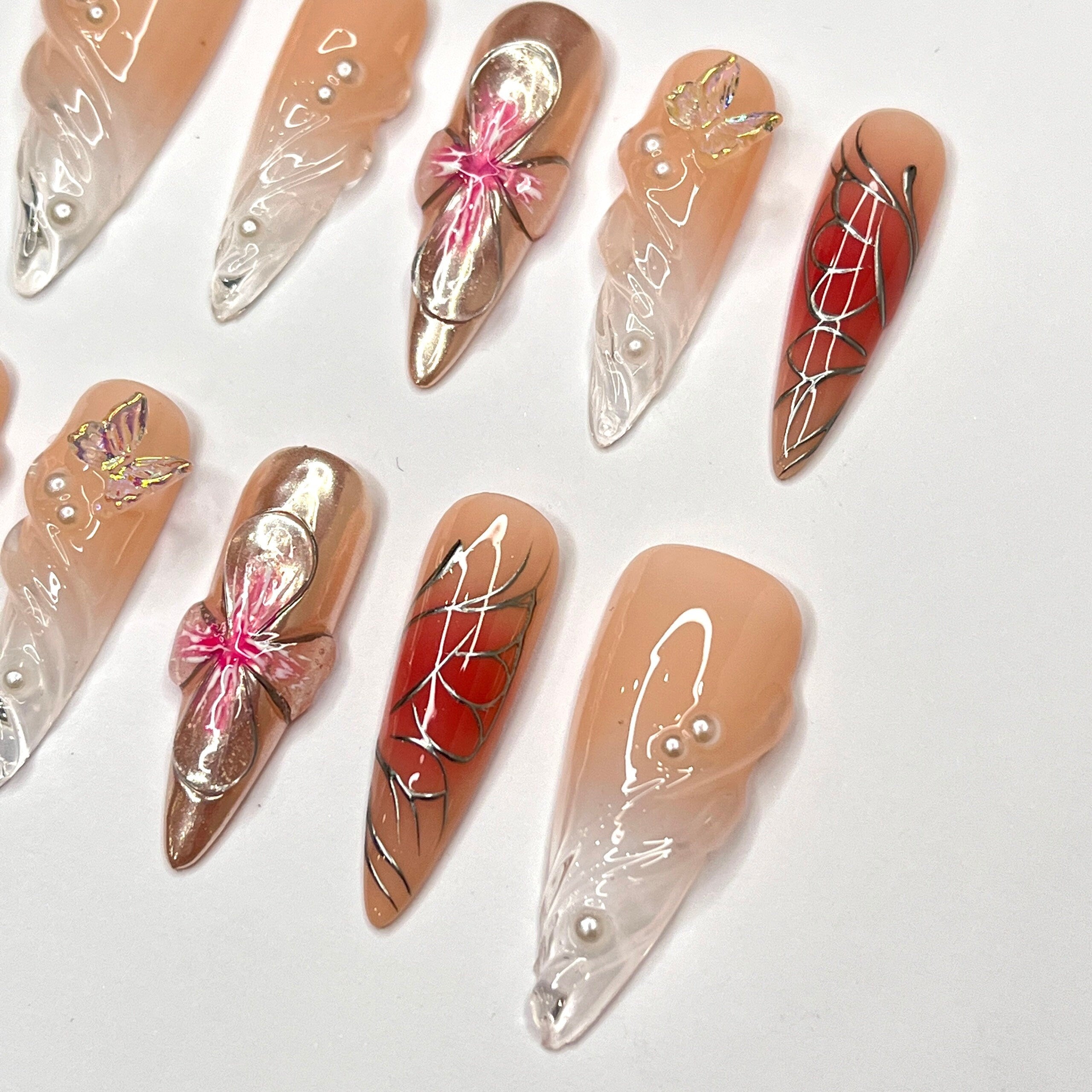 Free Style 3D Flower In Long Almond Press On Nail, Cute Valentine Fake/False Nails, Holiday Birthday Event Nails Art