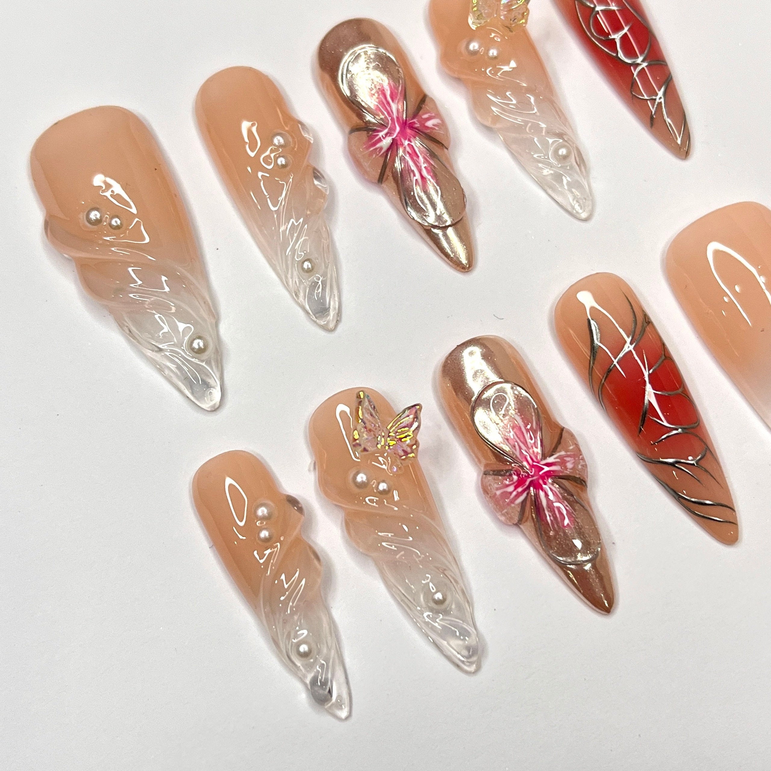 Free Style 3D Flower In Long Almond Press On Nail, Cute Valentine Fake/False Nails, Holiday Birthday Event Nails Art