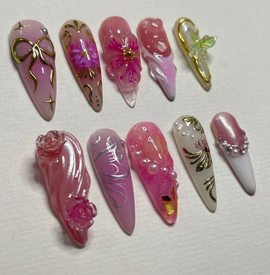 Secret Garden Long Almond Flowers Press On Nails, Fairy Tale Inspired Fake Nails, Birthday Holiday Nails Art, Gifts for Her