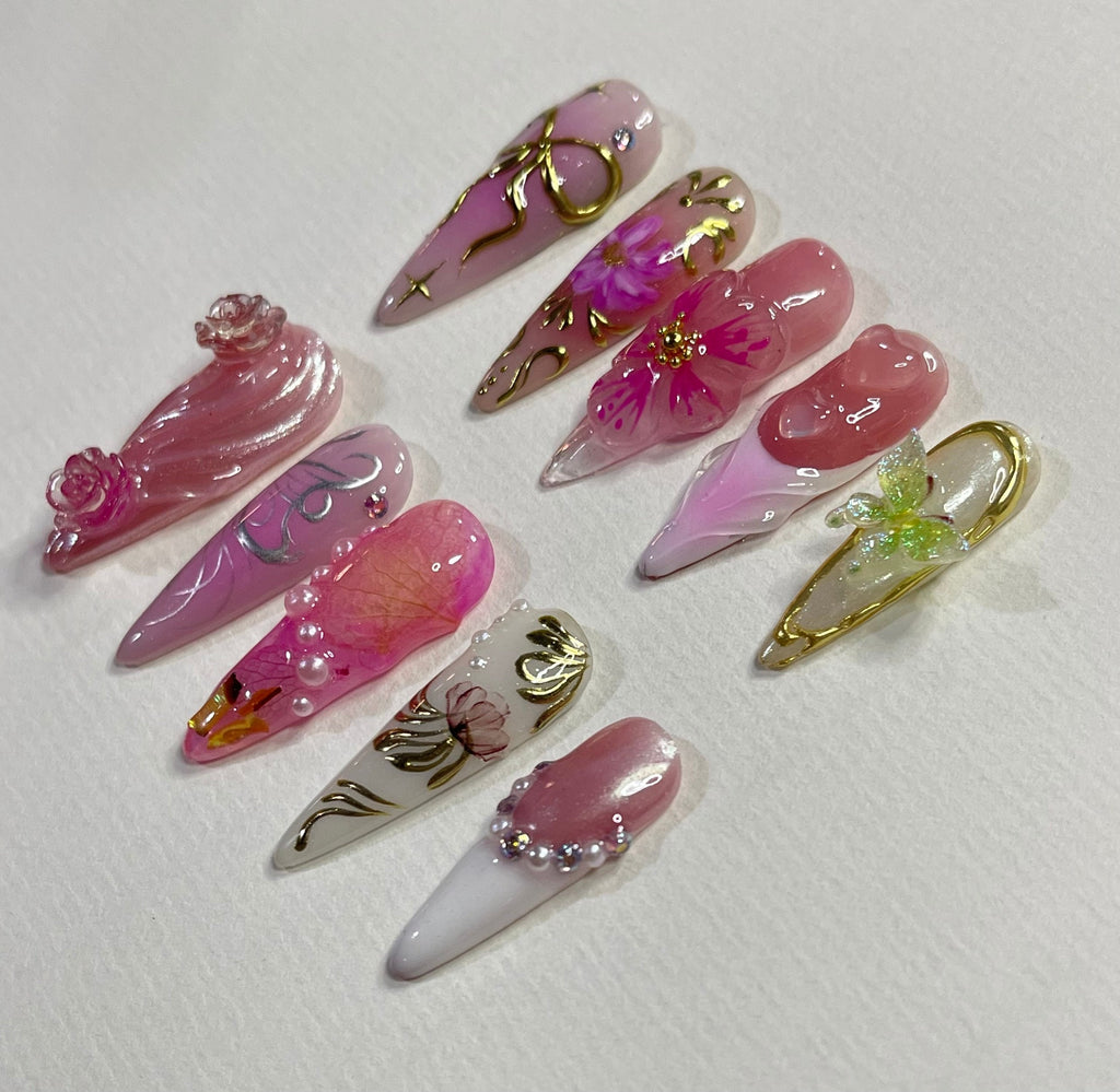Secret Garden Long Almond Flowers Press On Nails, Fairy Tale Inspired Fake Nails, Birthday Holiday Nails Art, Gifts for Her